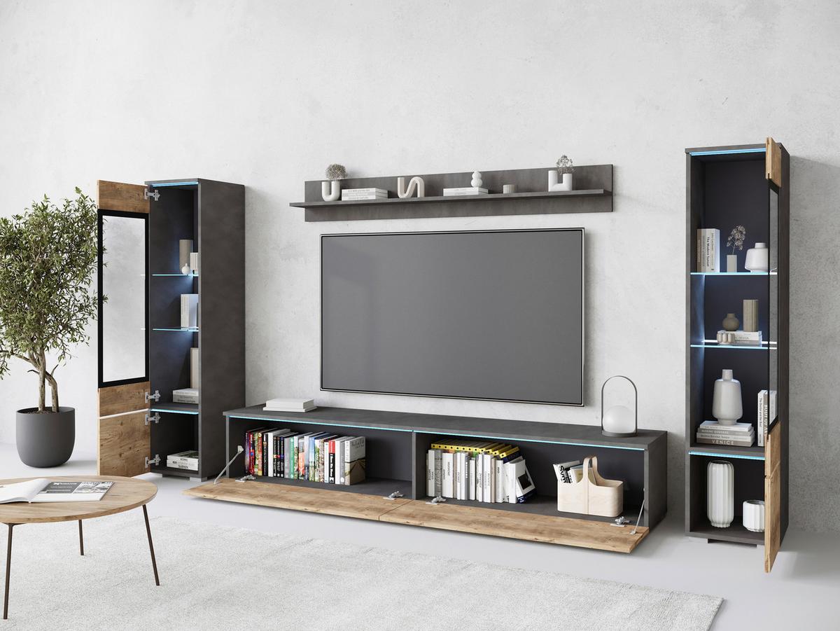 Dnevni Regal Vera I, Antracit, Barva Kostanja, Z Osvetlitvijo - siva/barva kostanjevega hrasta, Trend, umetna masa/steklo (240/130/33cm) - P & B