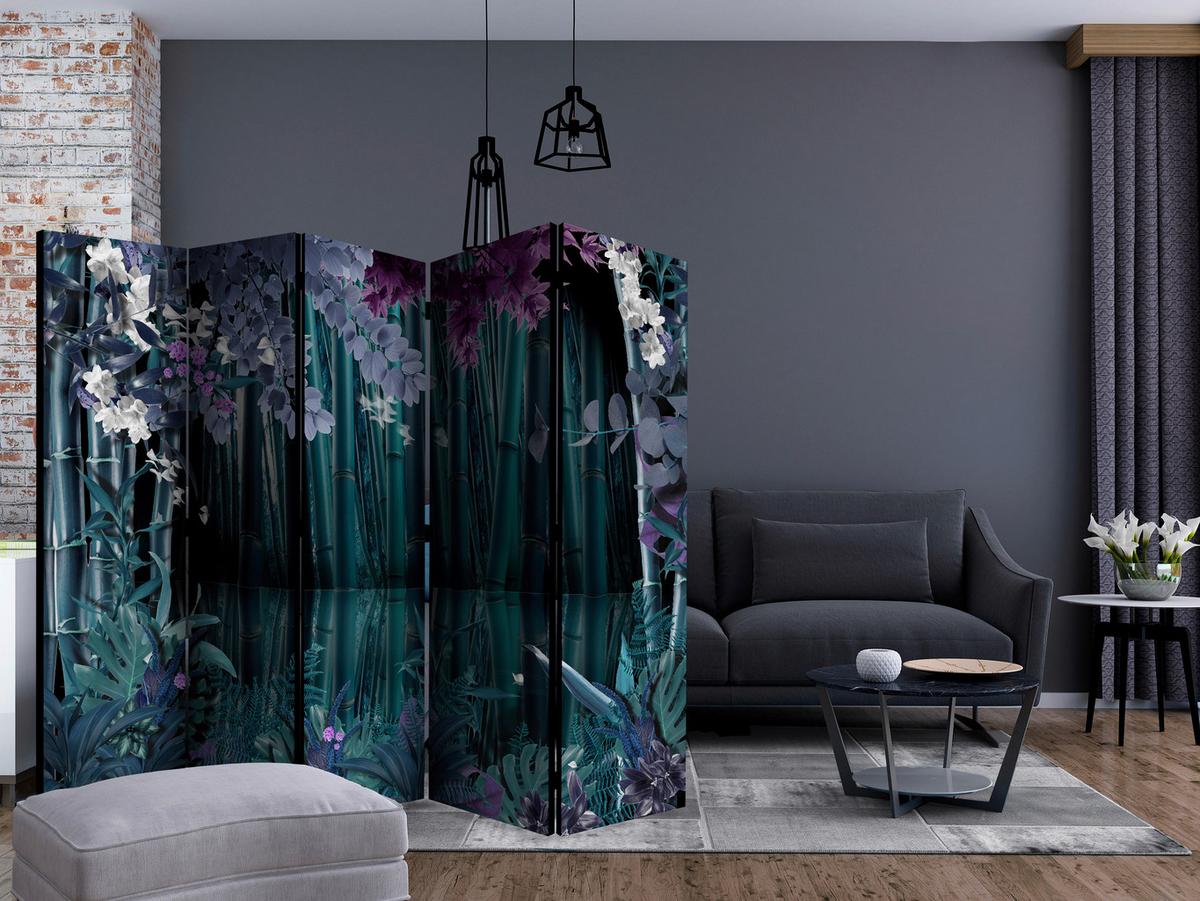 Paravan Mysterious Night I, 5-Delni, Dvostranski - lila/temno zelena, Basics, tekstil/les (225/172/3cm) - artgeist