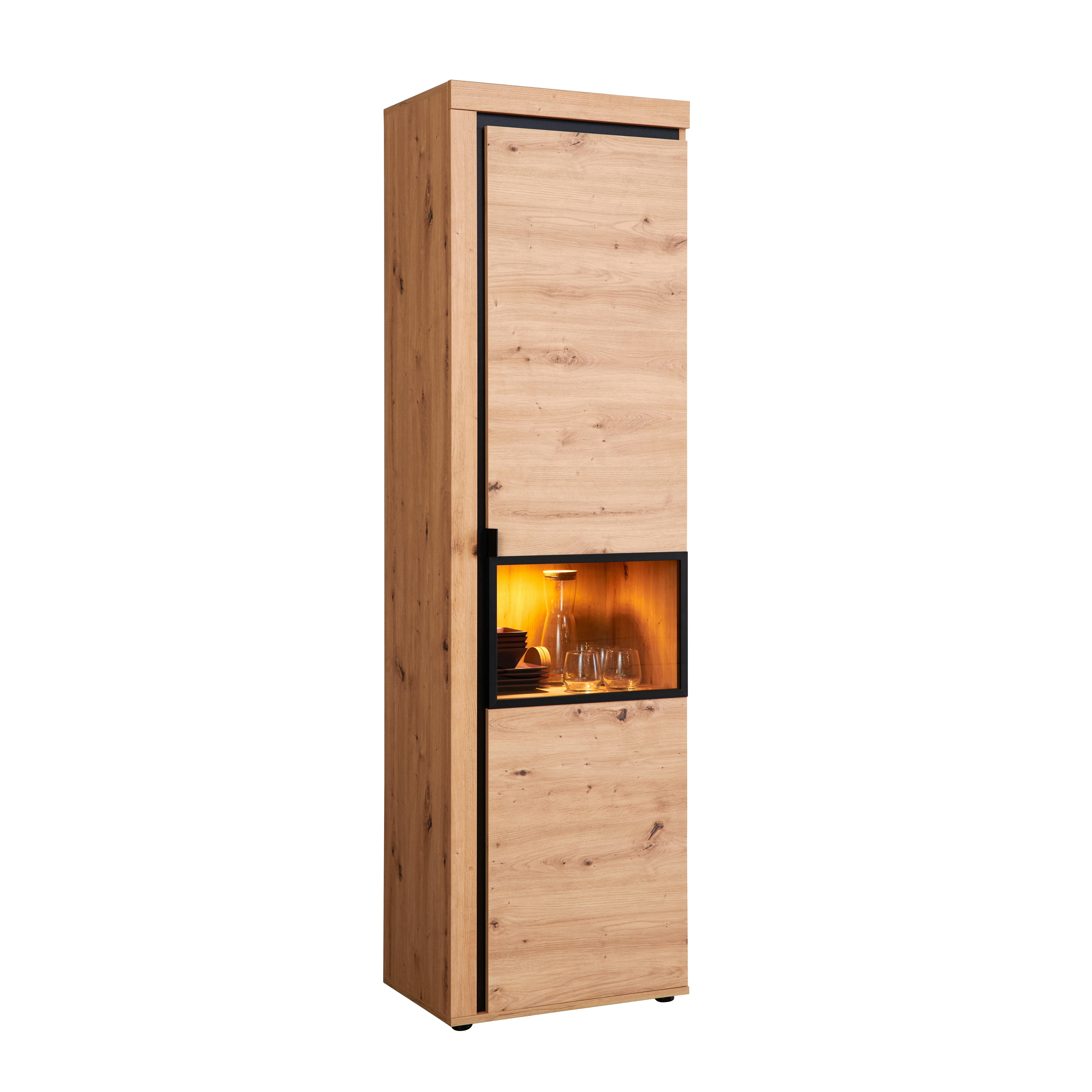 Vitrină NYON - culoare lemn stejar/negru, Modern, sticlă/material pe bază de lemn (56,8/200,1/40,5cm) - Modern Living