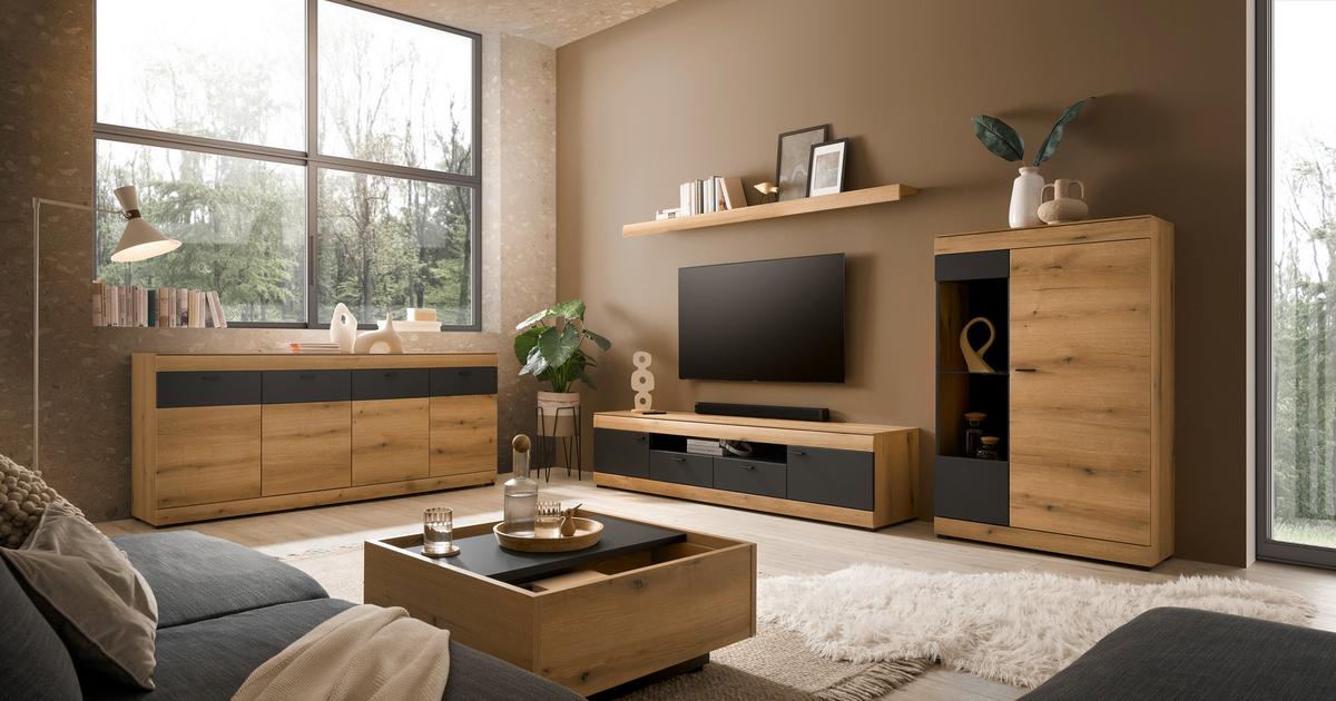 WOHNWAND SOLETO - Eichefarben/Graphitfarben, Design, Glas/Holzwerkstoff (300/170/45cm) - MID.YOU