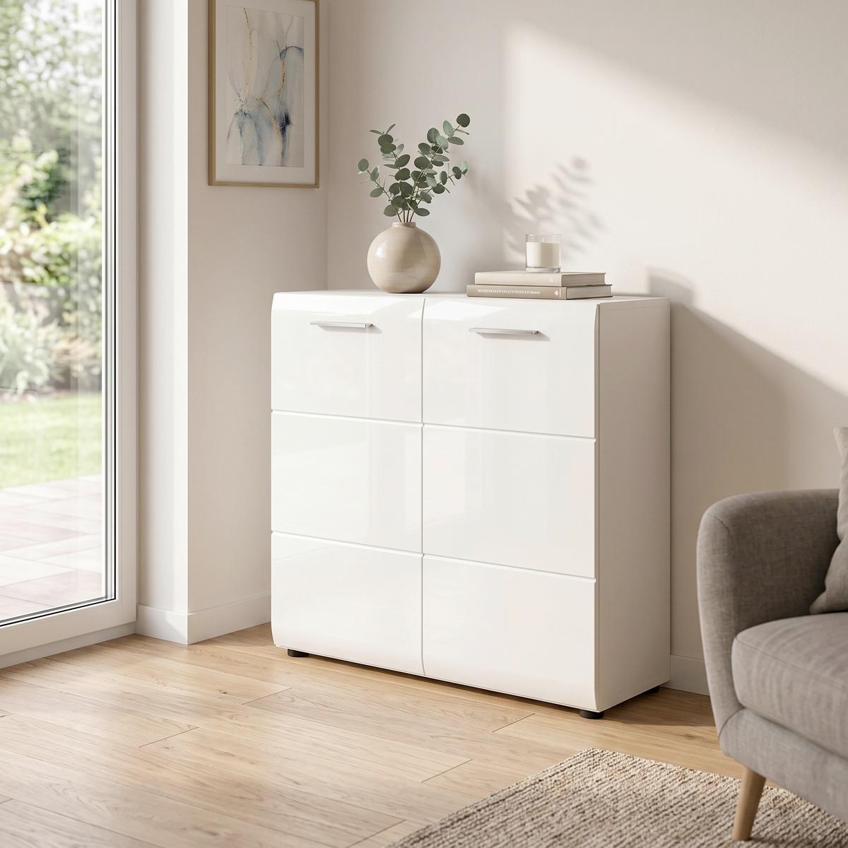 Kommode Ice Weiß hochglanz - Weiß Hochglanz/Silberfarben, Design, Holzwerkstoff/Kunststoff (80/81/34cm) - Livetastic