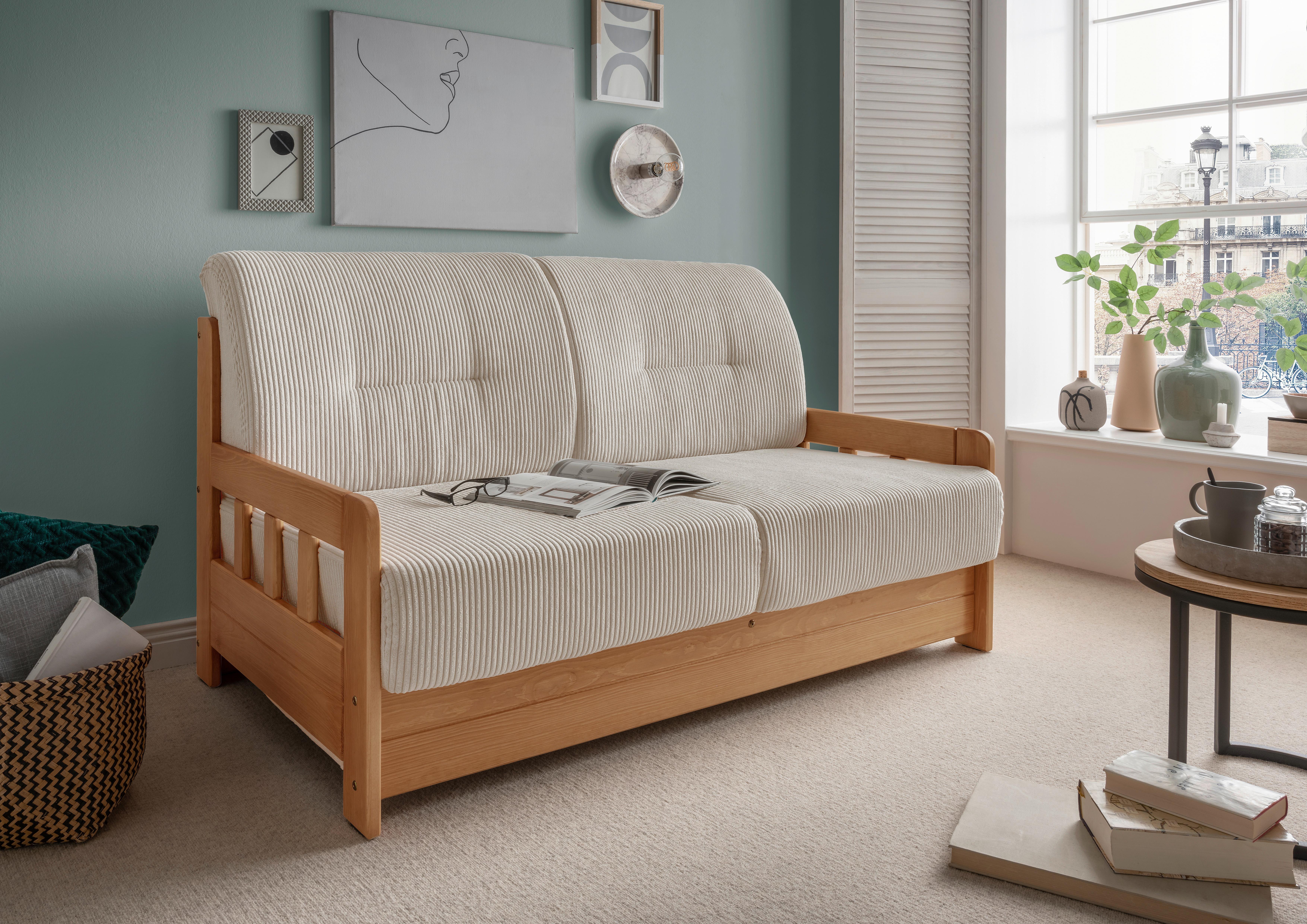 Schlafsofa Camino Holzkorpus Kiefer/Beige - Beige/Kieferfarben, MODERN, Holz/Textil (154/88/90cm) - Livetastic