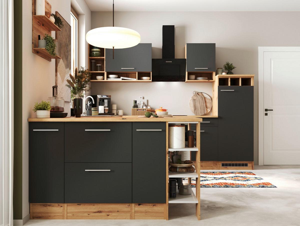 Eckküche Hilde m. Insel m. Geräten ca.280cm Eiche/Grau - Wildeiche/Alufarben, Design, Holzwerkstoff/Metall (280/172cm) - Respekta