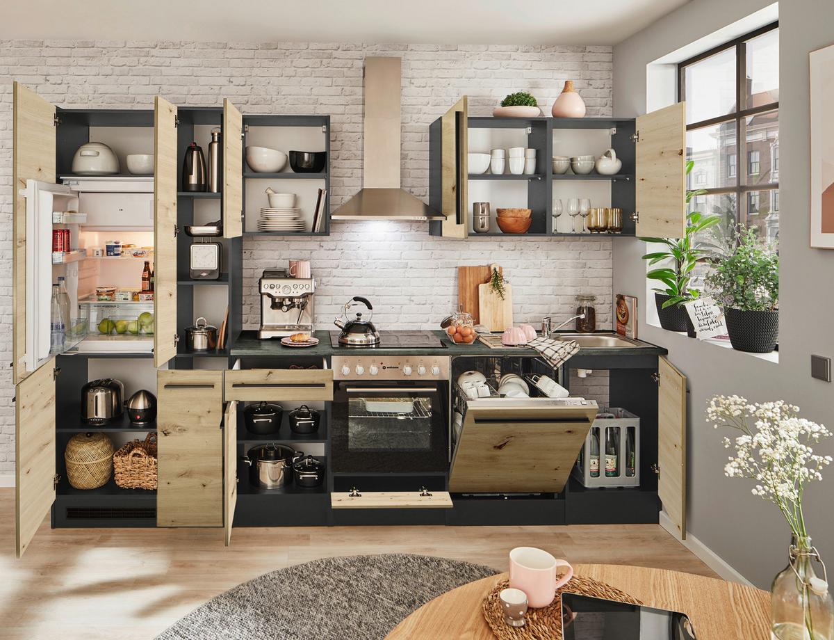 Küchenblock Jazz mit Geräten ca.310cm Eiche/Anthrazit - Anthrazit/Schwarz, LIFESTYLE, Holzwerkstoff/Kunststoff (310cm) - P & B