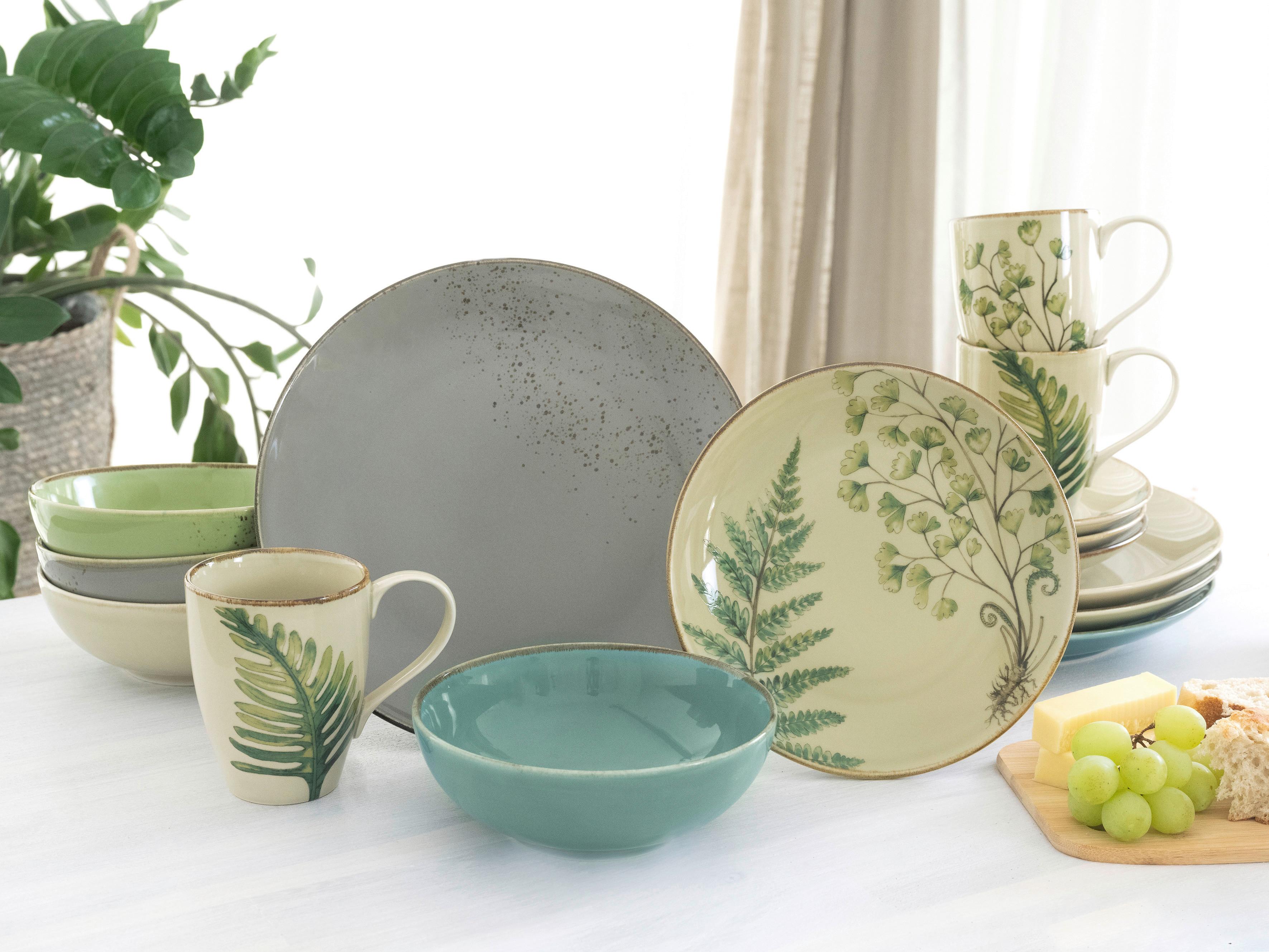 Kombiservice Botanica in Grün, 16-teilig - Sandfarben/Petrol, KONVENTIONELL, Keramik - Creatable