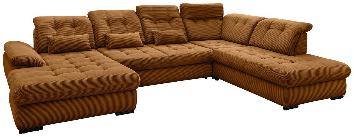 Wohnlandschaft Rigatti Gold Cord mit Bettkasten - Goldfarben/Schwarz, MODERN, Textil/Metall (184/387/252cm) - Livetastic