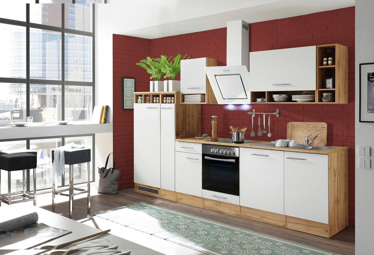 Küchenzeile Economy o. Geräte Weiß/Wildeiche B: ca. 310 cm - Wildeiche/Silberfarben, Basics, Holzwerkstoff/Metall (310cm) - Respekta