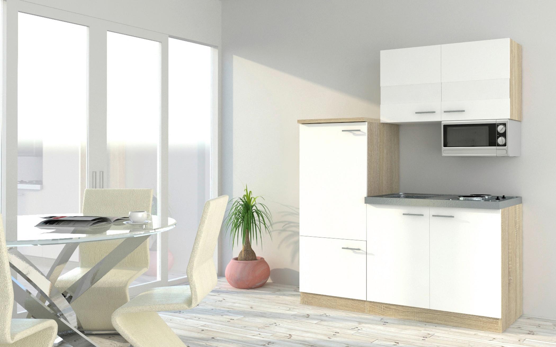 Miniküche m. Kühlschrank + Kochfeld Weiß B: ca. 160cm - Edelstahlfarben/Eichefarben, Basics, Holzwerkstoff (160cm) - Respekta