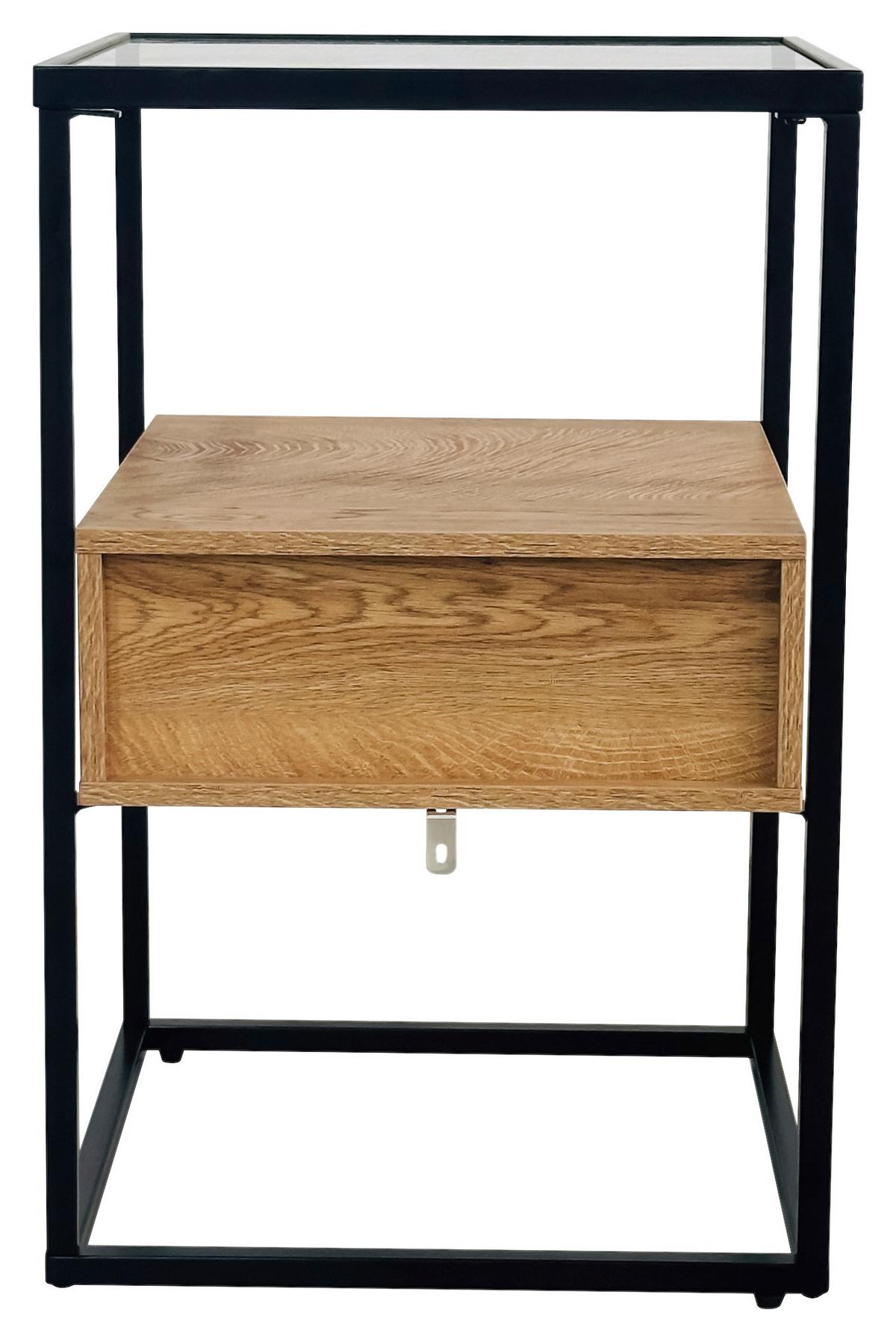 Măsuță auxiliară NOAH - culoare lemn stejar/negru, Modern, sticlă/metal (40/62/40cm) - Modern Living