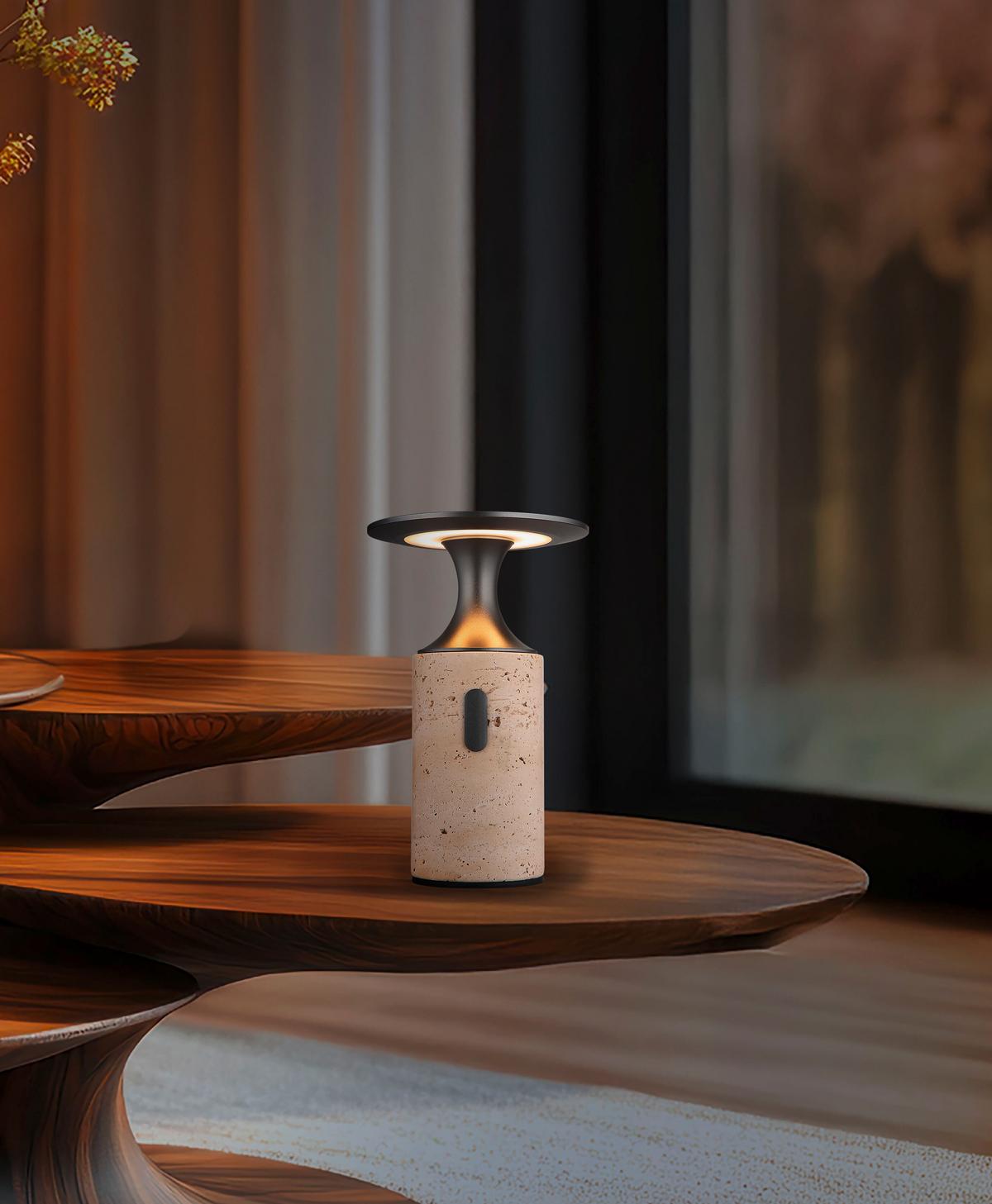 AKKU-TISCHLEUCHTE 21053 TRAVERTIN - Weiss/Graphitfarben, Design, Kunststoff/Stein (12/18,8cm) - Globo