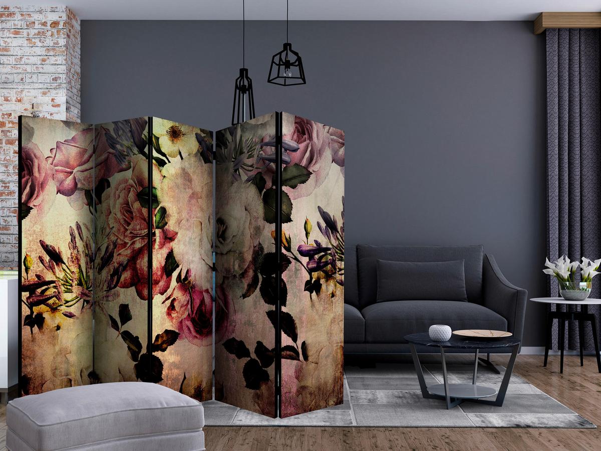 Paravan Nostalgia Flowers, 5-Delni, Akustičen - roza/bež, Basics, umetna masa/tekstil (225/172/3cm) - artgeist