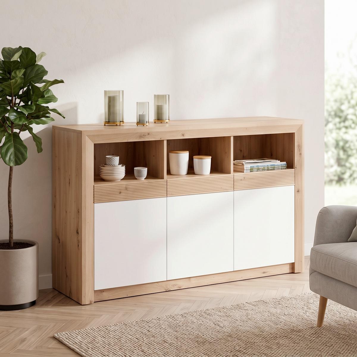 Komoda Kashmir New - bijela/boje hrasta, Moderno, drvni materijal (142/89/41cm) - Modern Living