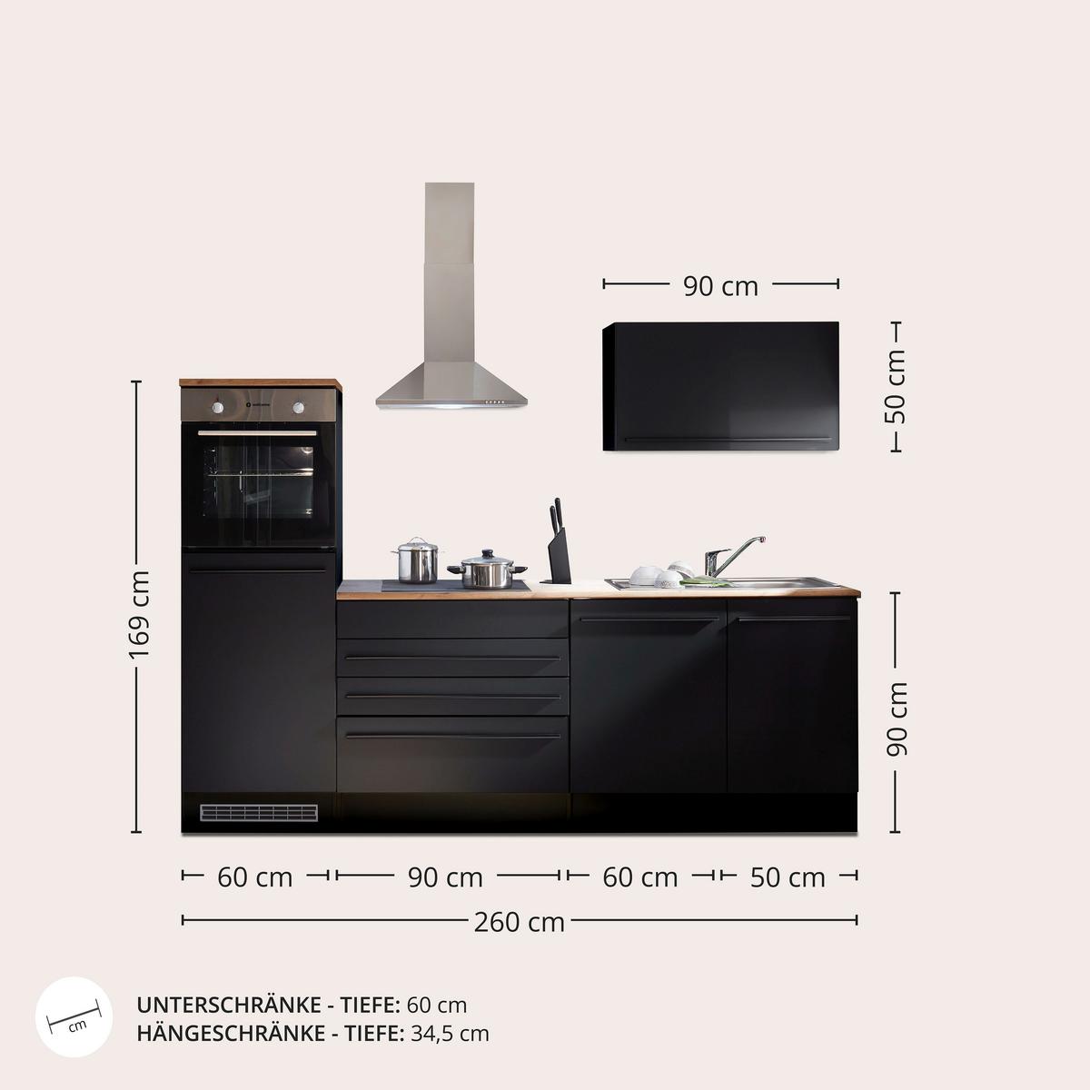 Küchenblock Jazz mit Geräten ca. 260 cm Schwarz - Eichefarben/Schwarz, LIFESTYLE, Holzwerkstoff/Kunststoff (260cm) - P & B