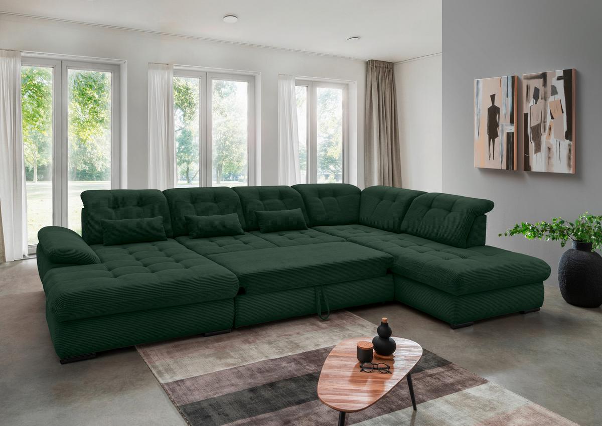 Wohnlandschaft Rigatti Dunkel Grün Cord mit Bettkasten - Dunkelgrün/Schwarz, MODERN, Textil/Metall (184/387/252cm) - Livetastic