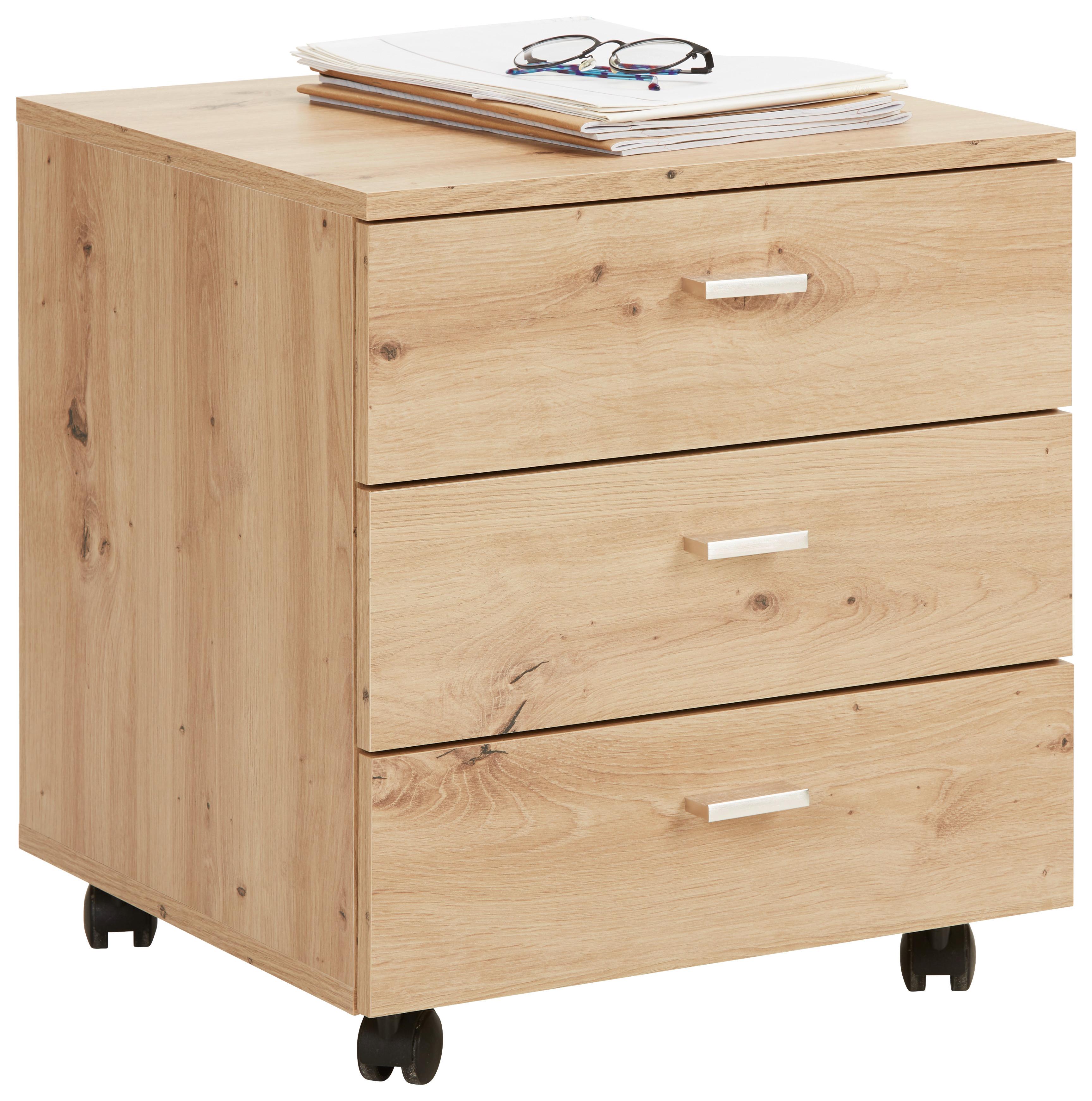 Rollcontainer in Eichefarben - Eichefarben/Silberfarben, Modern, Holzwerkstoff/Kunststoff (45/52/45cm) - Mömax