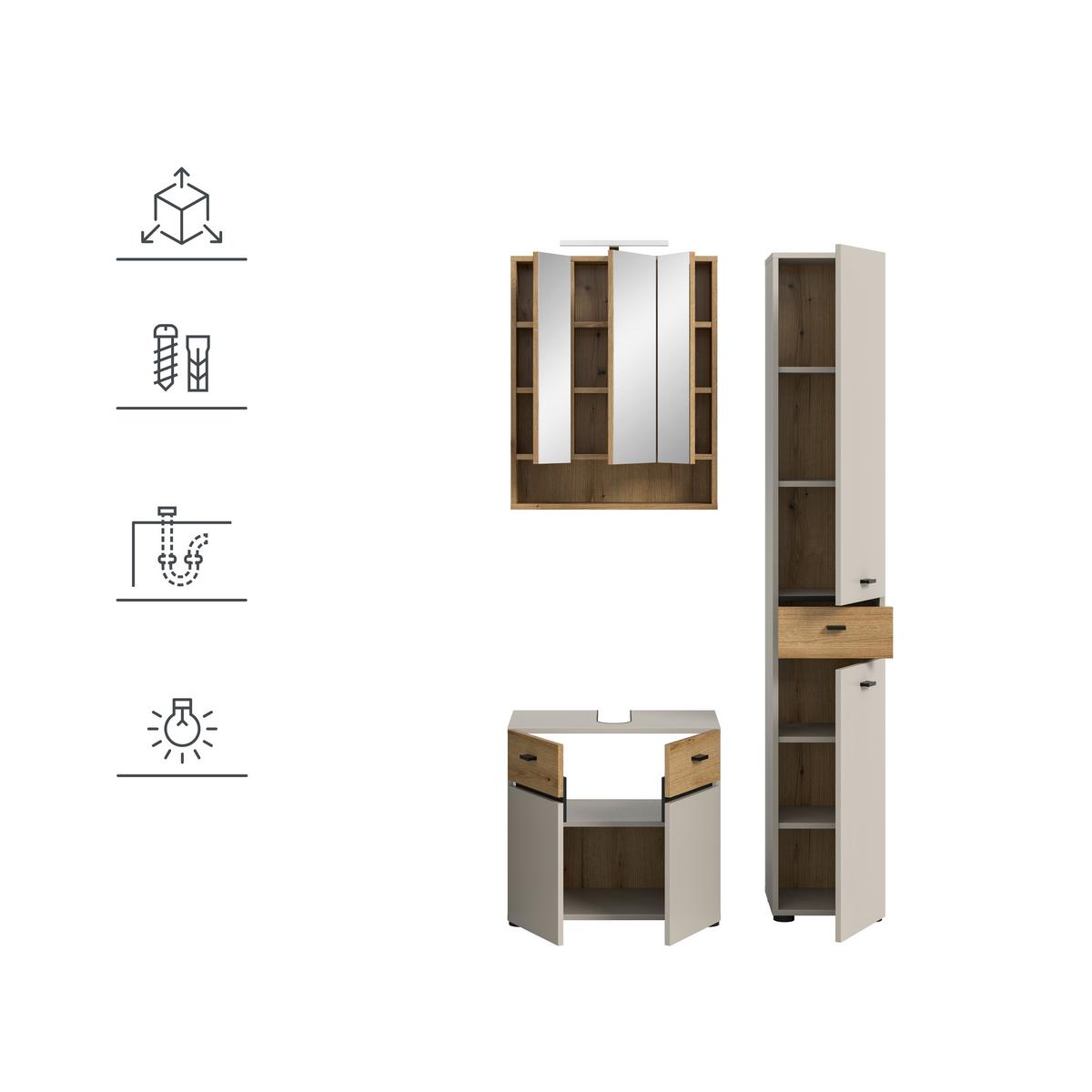 Badezimmer Aqua Eichefarben/Kaschmir - Kaschmir/Eichefarben, Trend, Glas/Holzwerkstoff (92cm) - MID.YOU