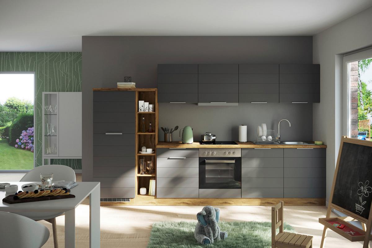Küchenblock Florenz ohne Geräte ca. 330 cm Grau/Eiche - Eiche Wotan/Grau, Design, Holzwerkstoff/Metall (330cm) - Held