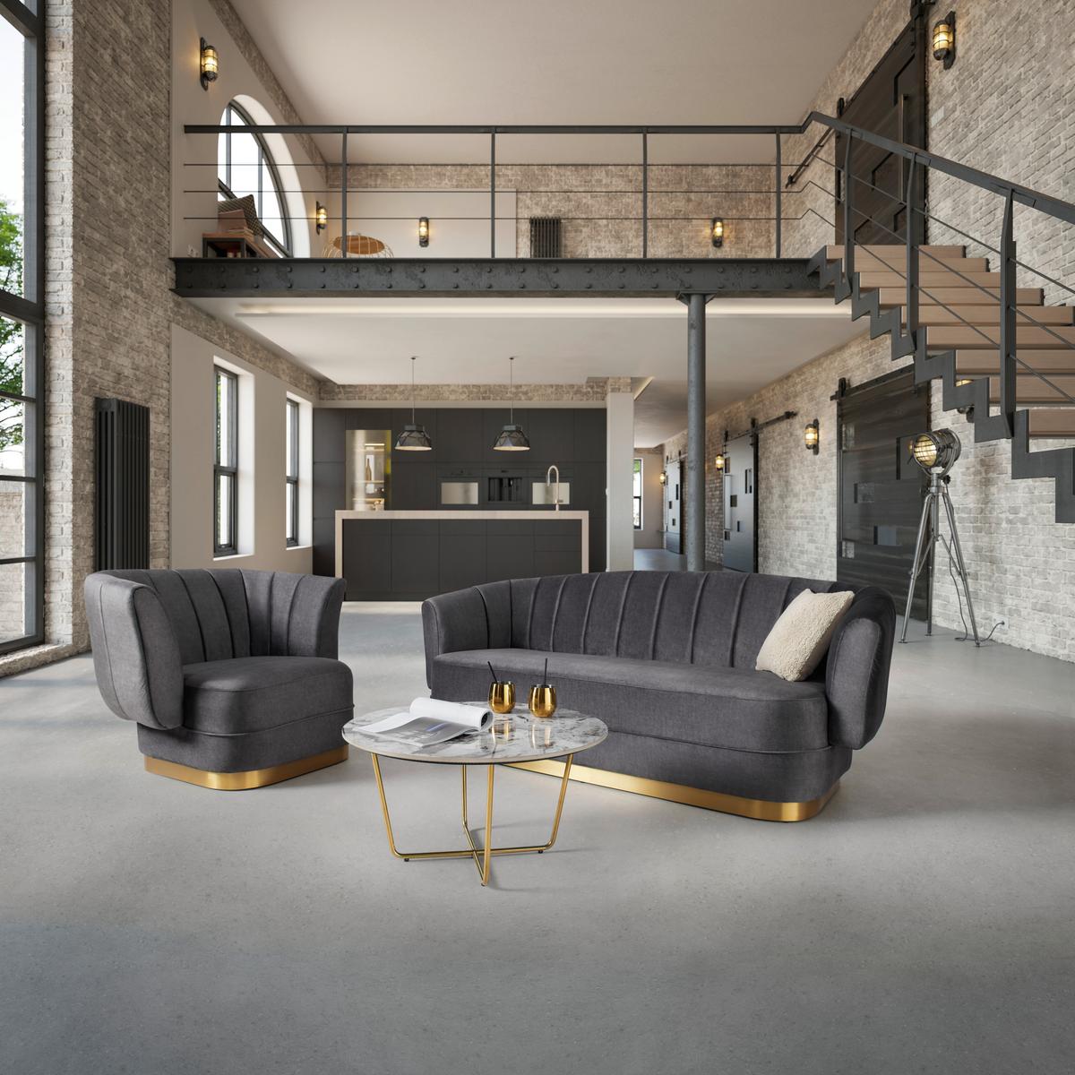 Trosed Anton, Siva, Žamet - zlate barve/siva, Moderno, kovina/tekstil (225/90/85cm) - Bessagi Home