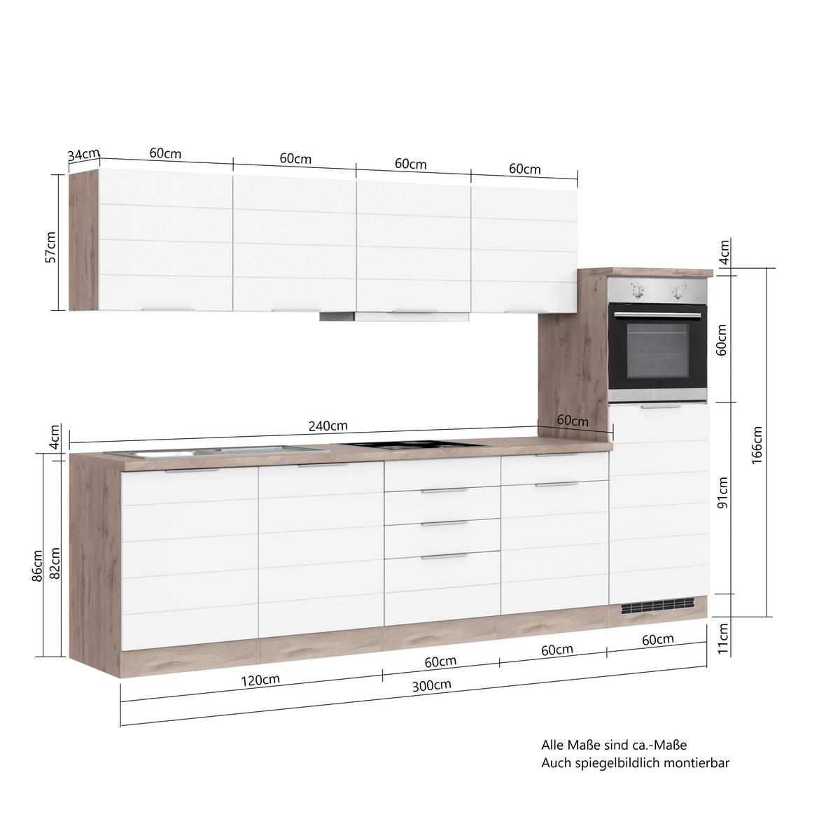 Küchenblock Florenz mit Geräten ca. 300 cm Grau/Eiche - Eiche Wotan/Grau, Design, Holzwerkstoff/Metall (300cm) - Held