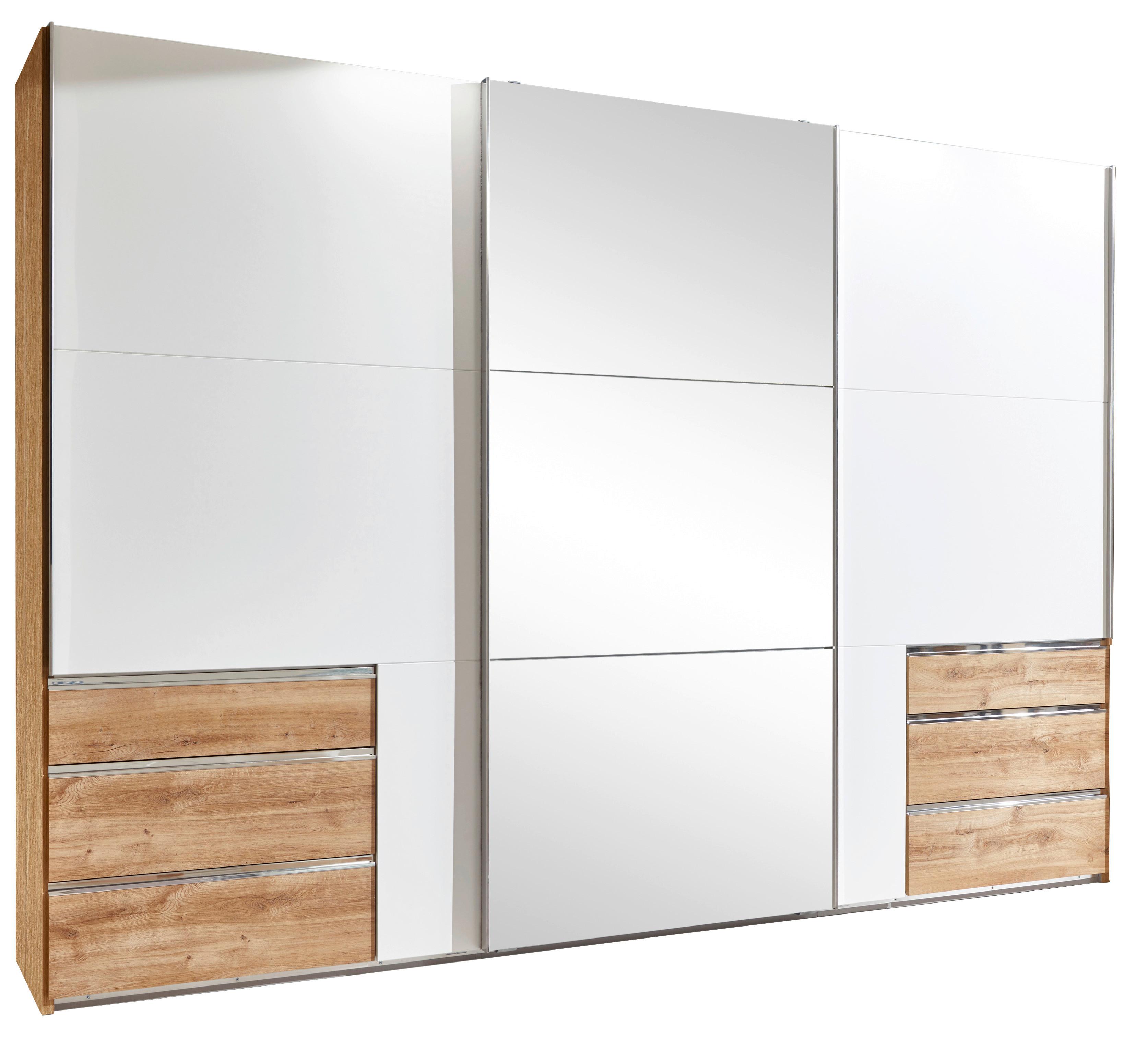 Schwebetürenschrank Level 36A ca. 300x216 cm Eiche m.Spiegel - Chromfarben/Eichefarben, MODERN, Glas/Holzwerkstoff (300/216/65cm) - MID.YOU