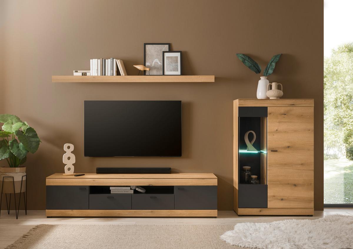 WOHNWAND SOLETO - Eichefarben/Graphitfarben, Design, Glas/Holzwerkstoff (300/170/45cm) - MID.YOU