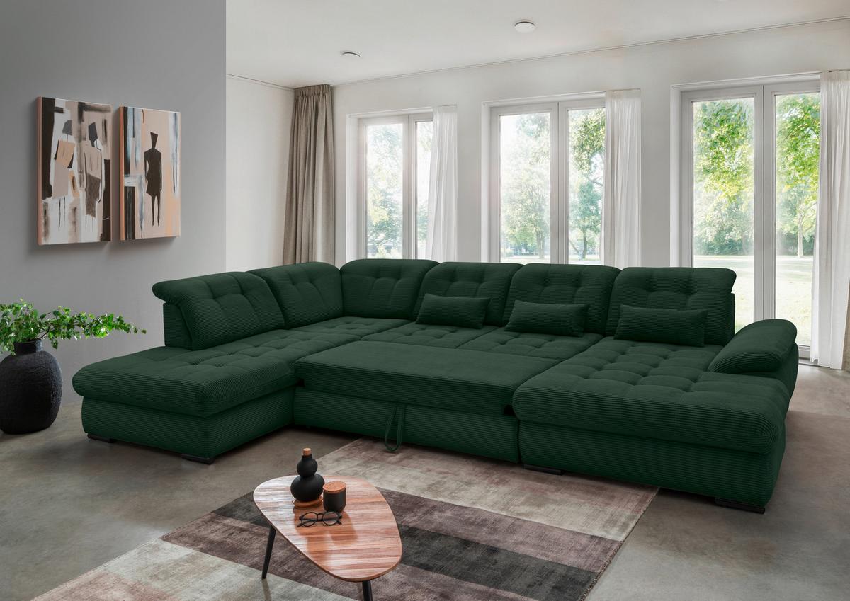 Wohnlandschaft Rigatti Dunkel Grün Cord mit Bettkasten - Dunkelgrün/Schwarz, MODERN, Textil/Metall (252/387/184cm) - Livetastic