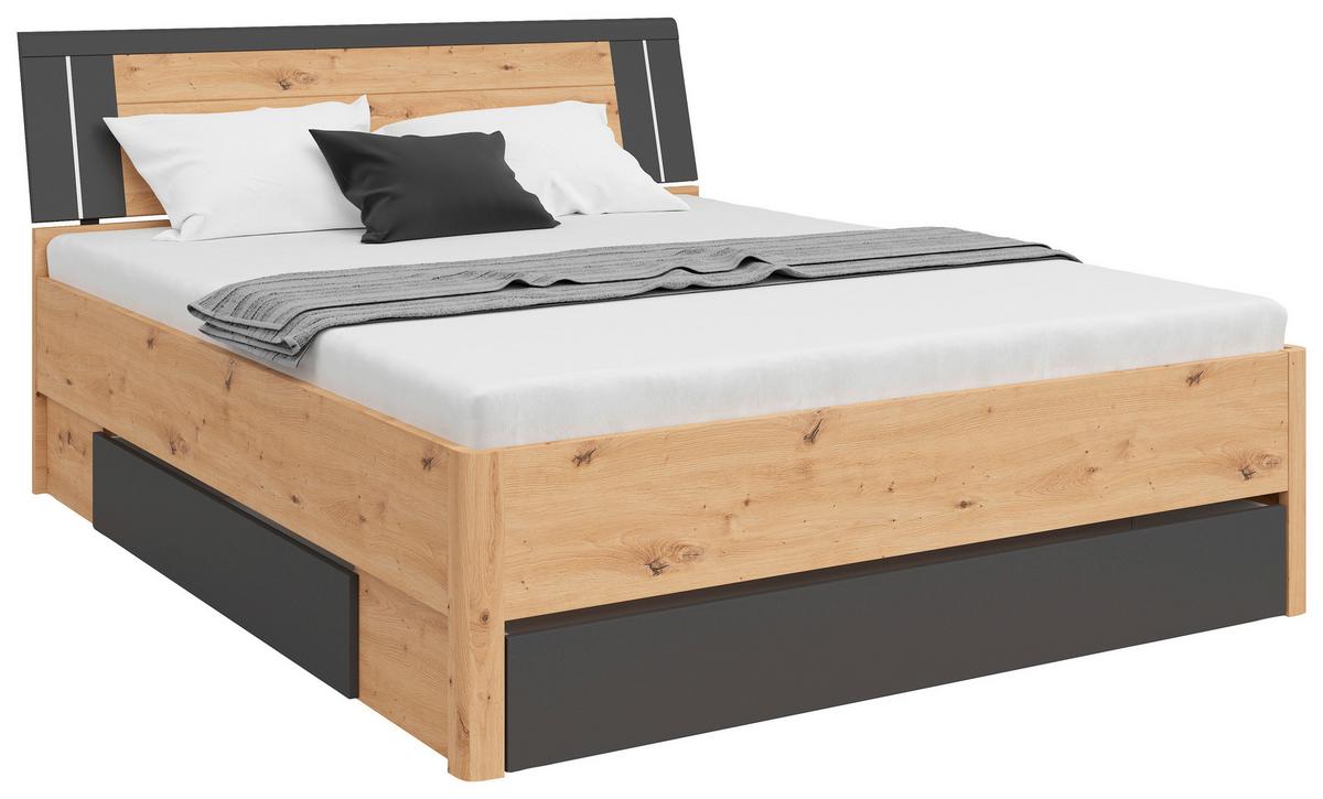 Postelja S Predali Saturn, Temno Siva, Hrast, 160x200 - barve grafita/hrast artisan, Konvencionalno, leseni material (160/200cm)