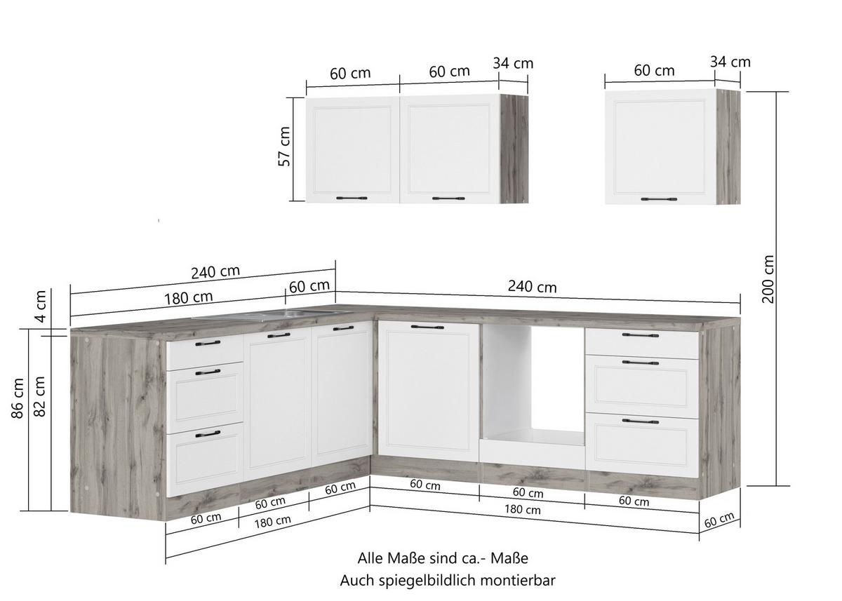 Eckküche Meran ohne Geräte ca. 240x240 cm Weiß/Eiche - Eiche Wotan/Schwarz, LIFESTYLE, Holzwerkstoff/Metall (240/240cm) - Held