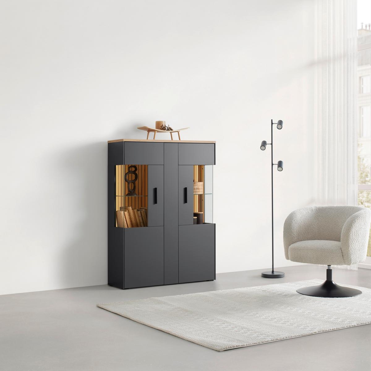 Highboard Alara Eiche/Anthrazit - Schwarz, MODERN, Glas/Holzwerkstoff (102/138/35cm) - Mömax