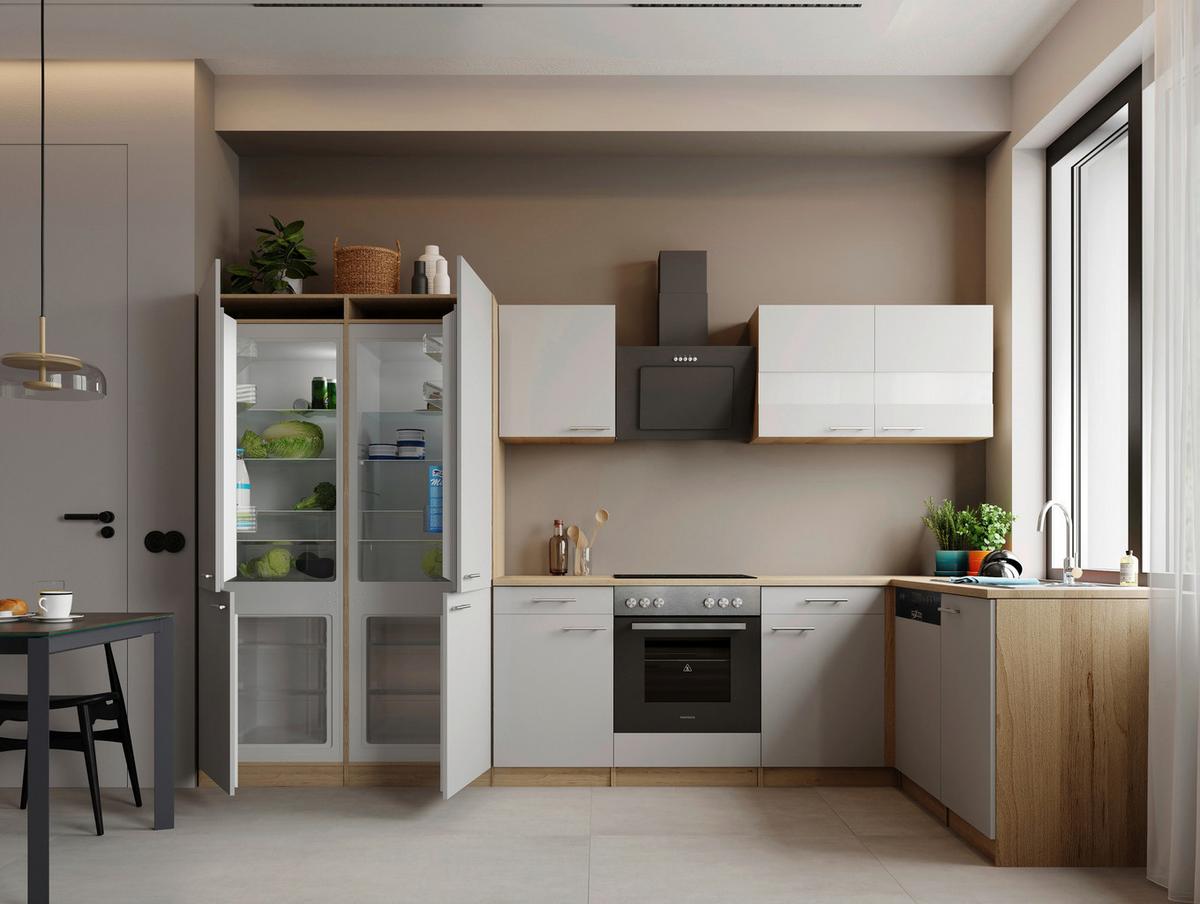 Eckküche Merle m. Geräten ca. 340x172cm Weiß - Edelstahlfarben/Eichefarben, Trend, Holzwerkstoff/Metall (340/172cm) - Respekta