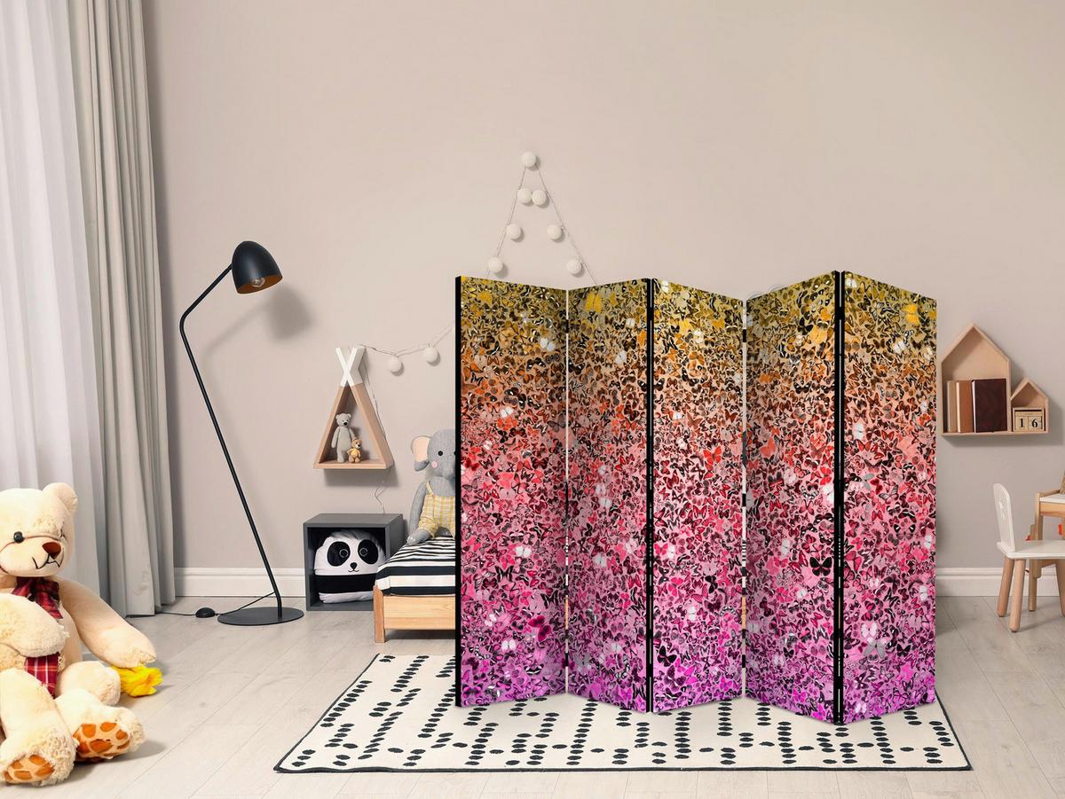 Paravan Butterflies I, 5-Delni, Dvostranski - rumena/pink, Basics, tekstil/les (225/172/3cm) - artgeist