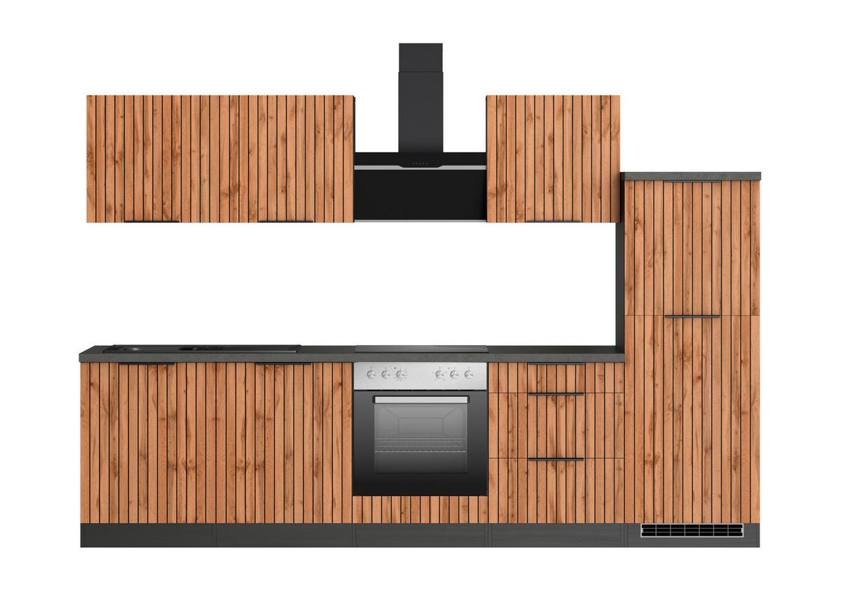 Küchenblock Liverpool m. Geräten Graphit/Eichefarben - Schieferfarben/Eiche Wotan, Basics, Holzwerkstoff/Metall (300cm) - Held