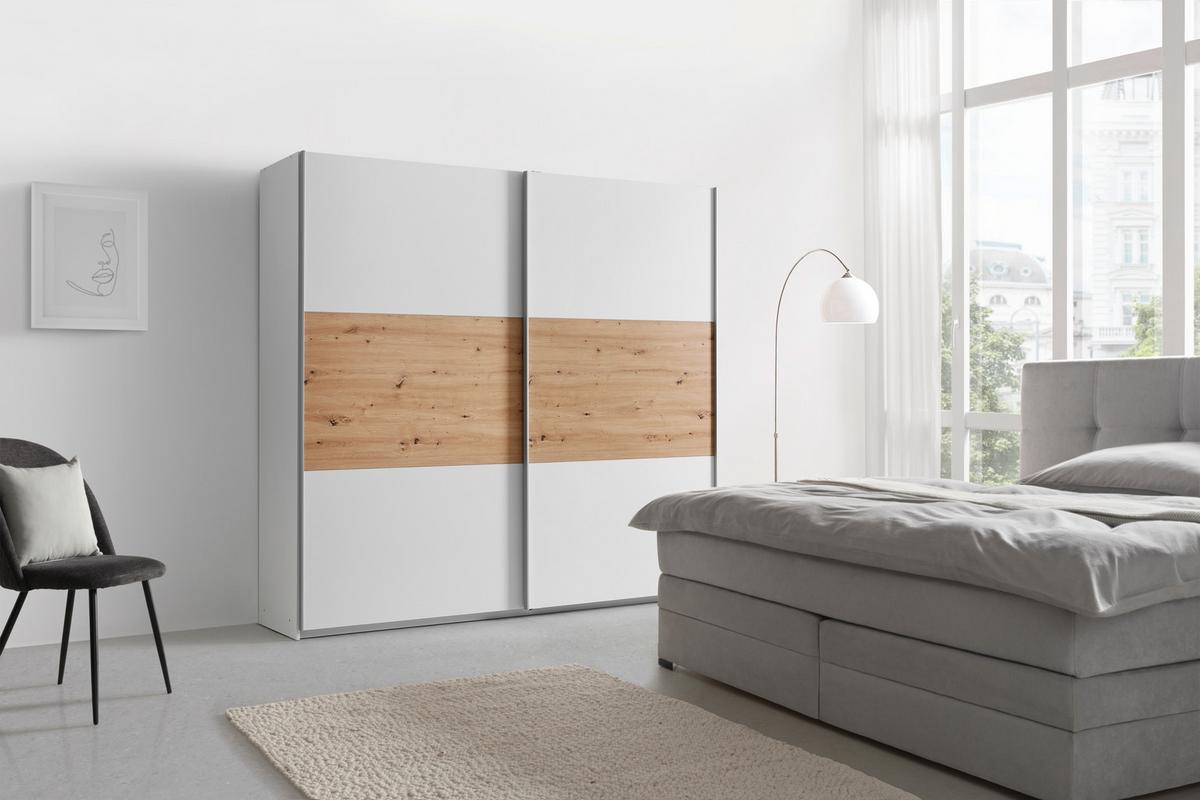 Schwebetürenschrank Saturn in Weiss/Eiche Artisan - Weiss/Silberfarben, Konventionell, Holzwerkstoff/Metall (218/210/59cm) - Mömax