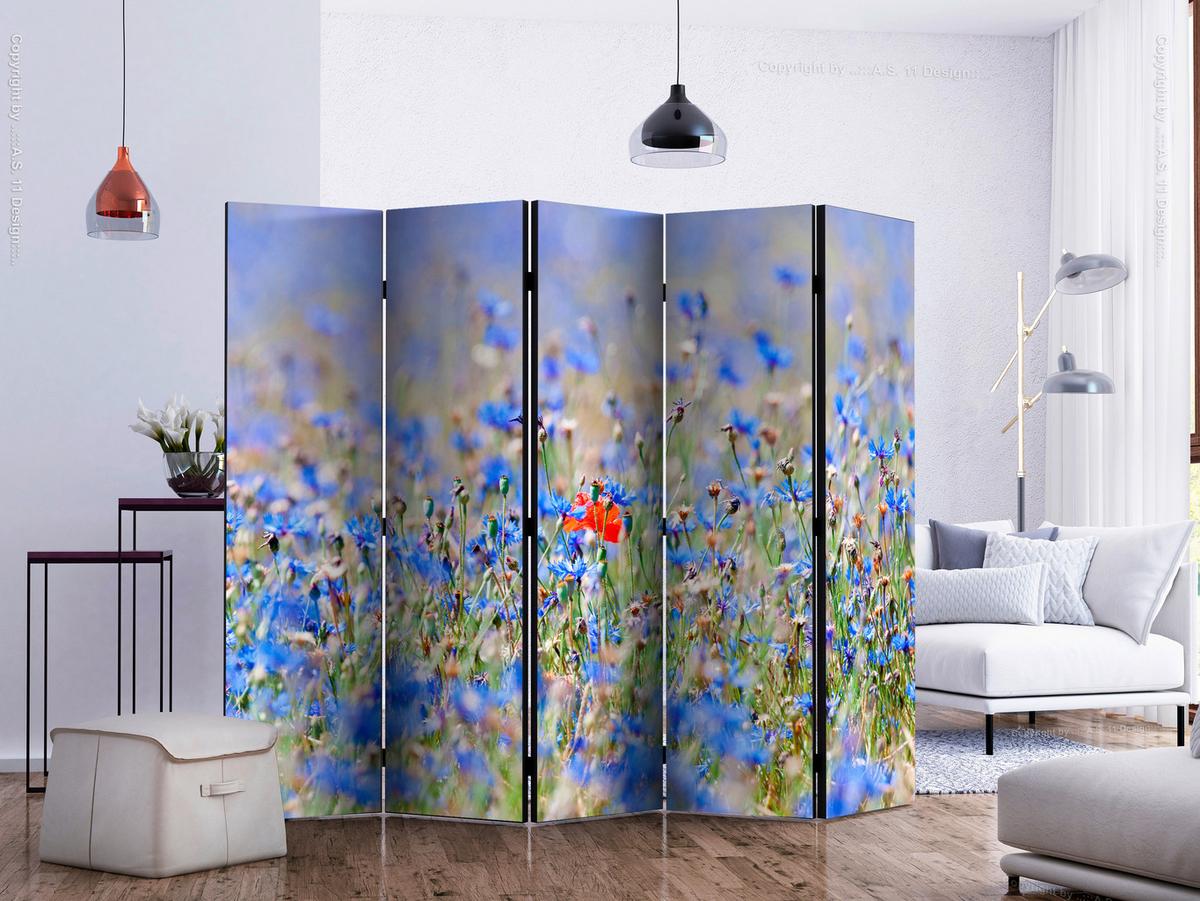 Paravan Flower Garden I, 5-Delni, Enostranski - svetlo modra/svetlo zelena, Basics, tekstil/les (225/172/3cm) - artgeist