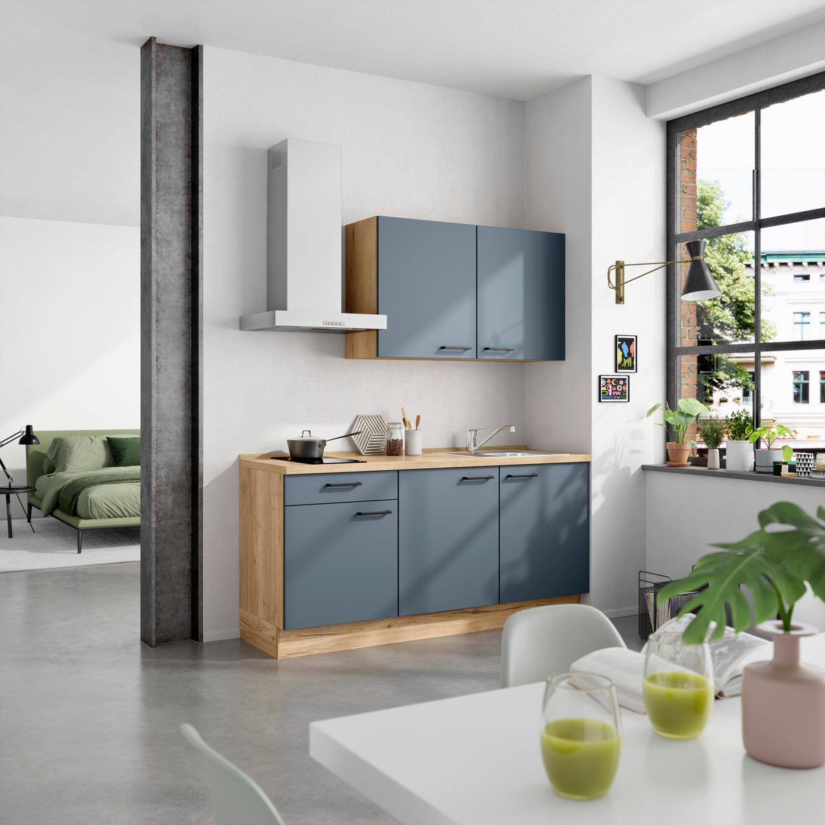 Küchenblock Easytouch Low m. Geräten Dunkelblau - Eichefarben/Schwarz, MODERN, Holzwerkstoff/Metall (180cm) - Nobilia