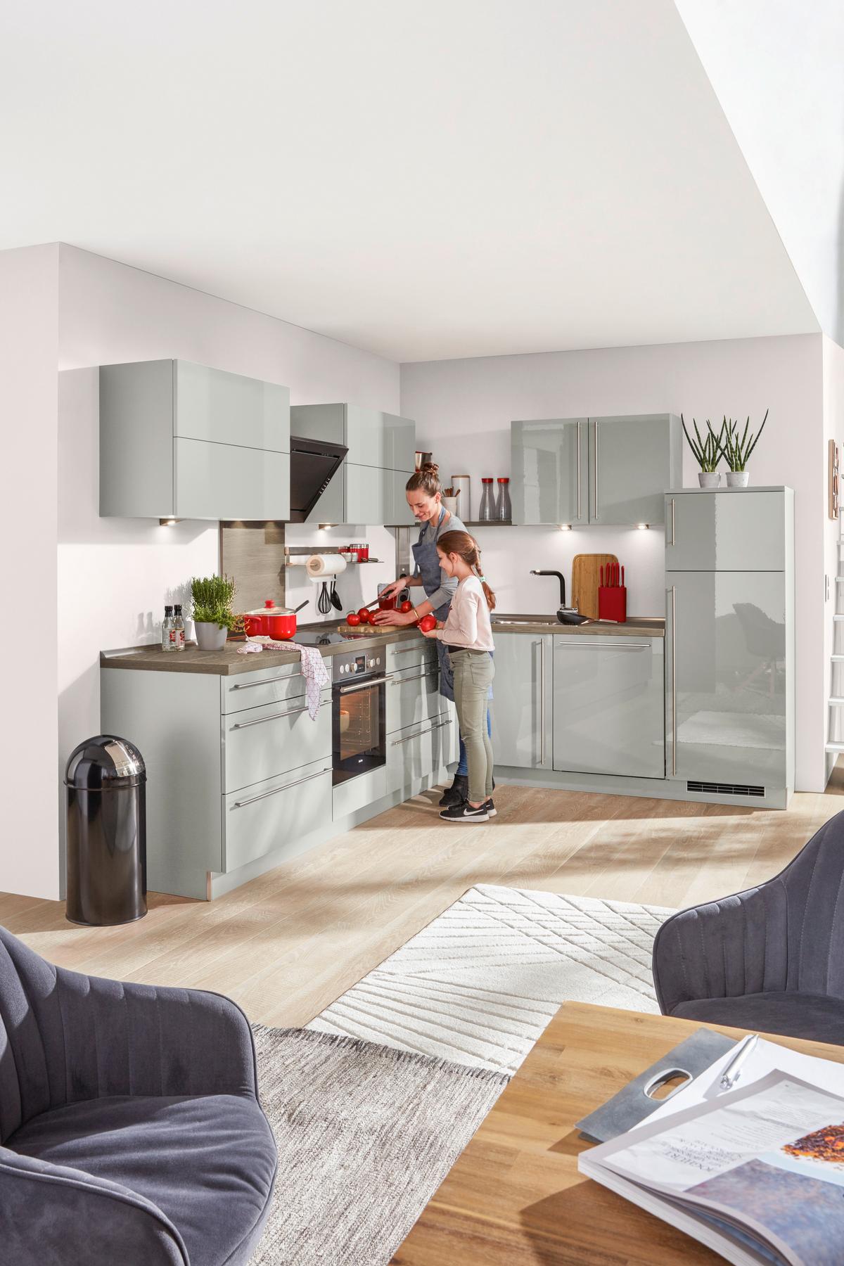 Eckküche Nolte Lux Grau - Edelstahlfarben/Grau Hochglanz, MODERN, Holzwerkstoff/Metall (235/305cm) - Nolte Küchen