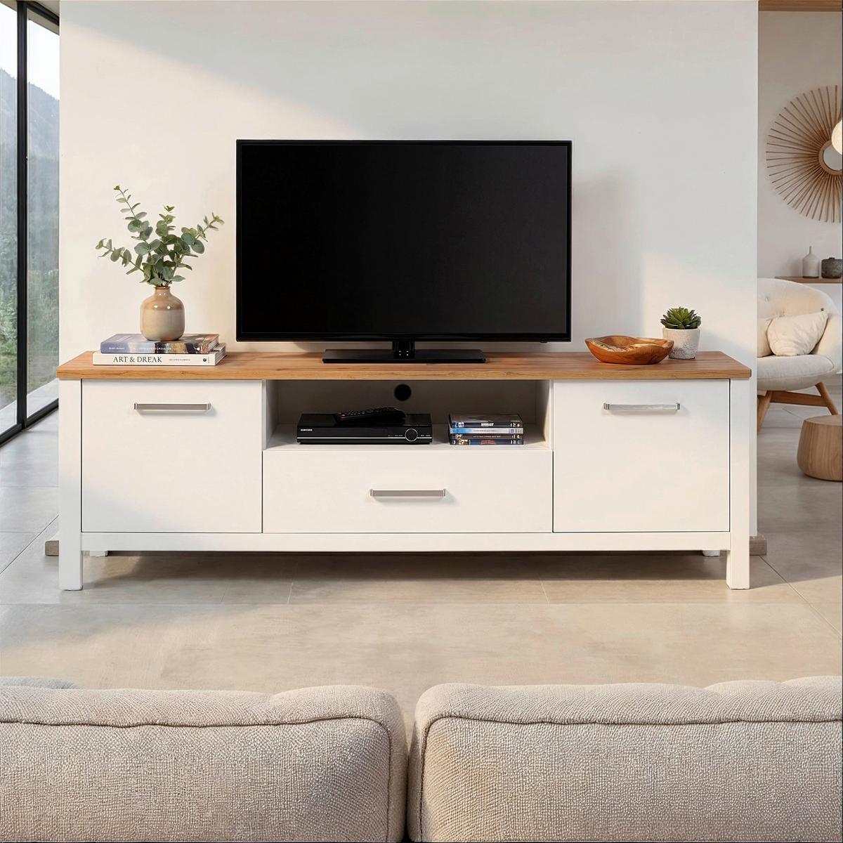 Lowboard Sicilia Weiß/Eiche - Silberfarben/Weiß, ROMANTIK / LANDHAUS, Holzwerkstoff/Metall (173/64/45cm) - Mömax