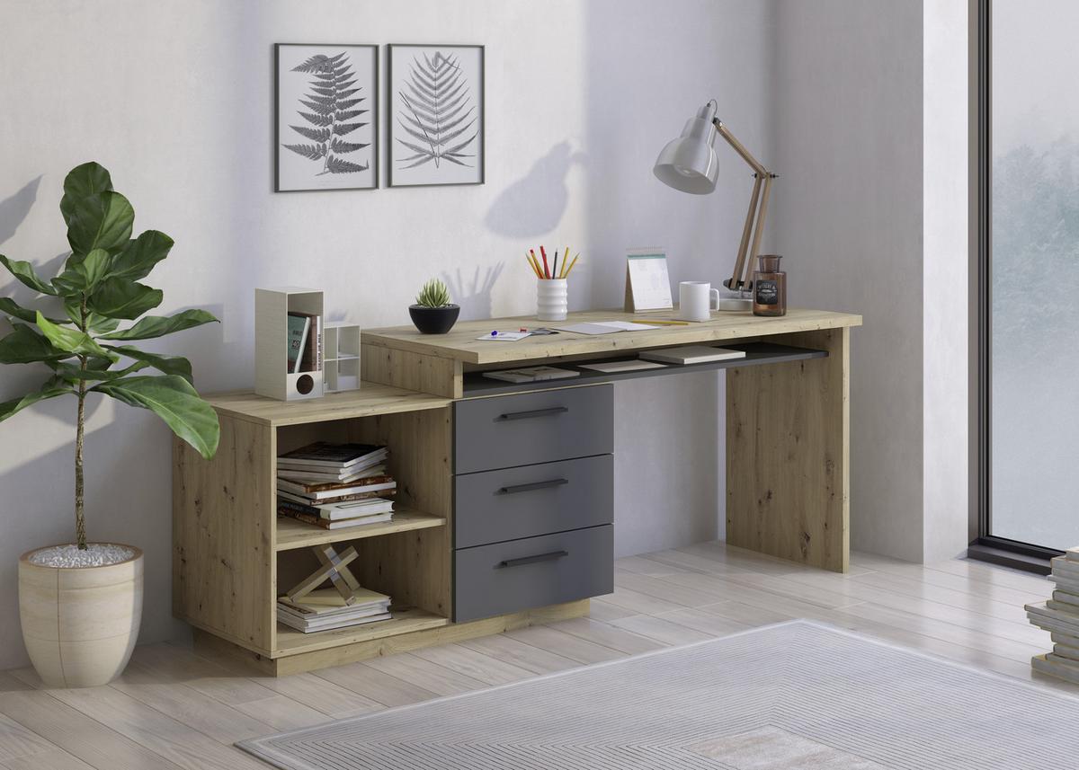 BIURKO ZESTAW GHIA - antracytowy/dąb artisan, Konventionell, materiał drewnopochodny (138/105/75cm) - Xora