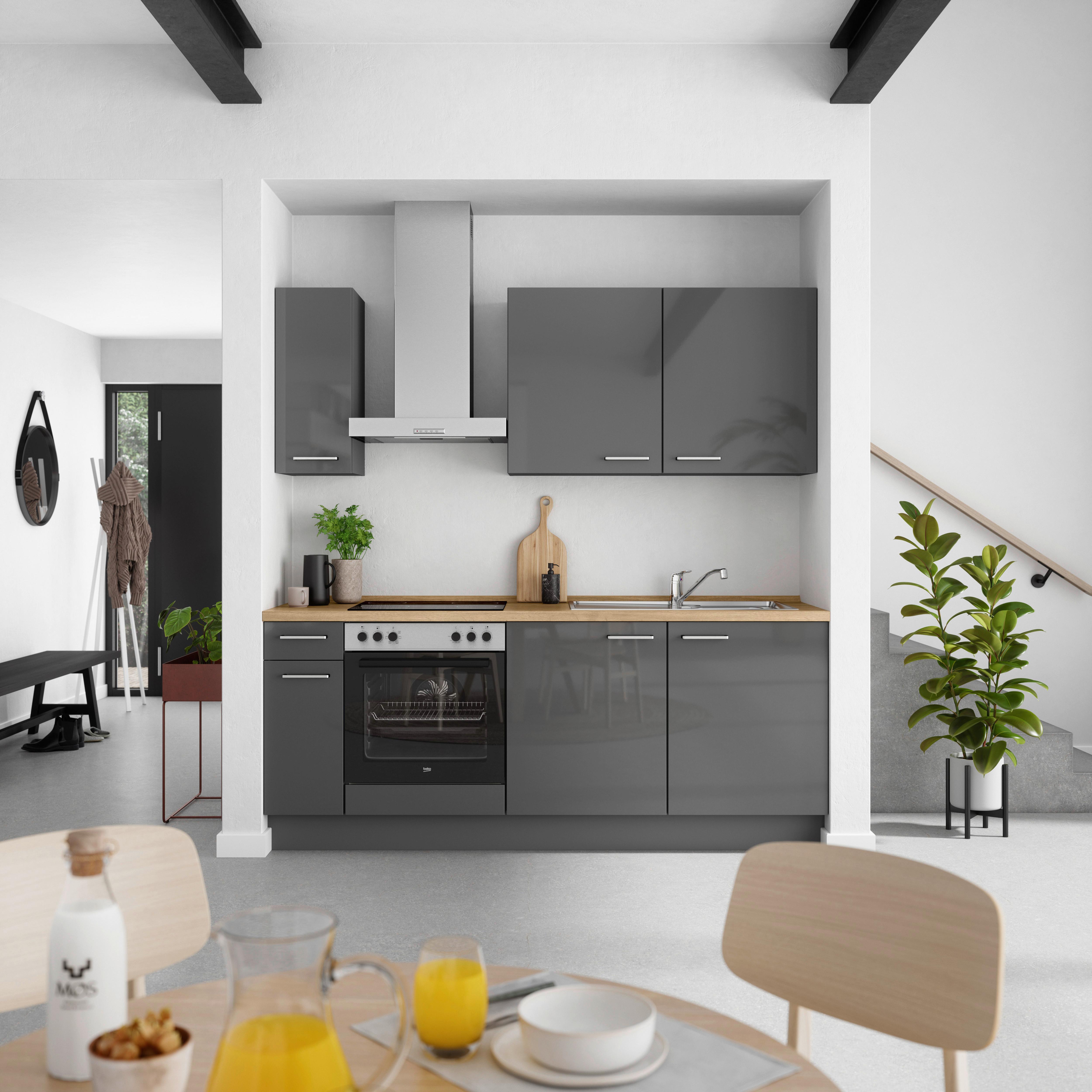 Küchenblock Flash Low m. Geräten Schieferfarben - Schieferfarben/Edelstahlfarben, MODERN, Holzwerkstoff/Metall (210cm) - Nobilia