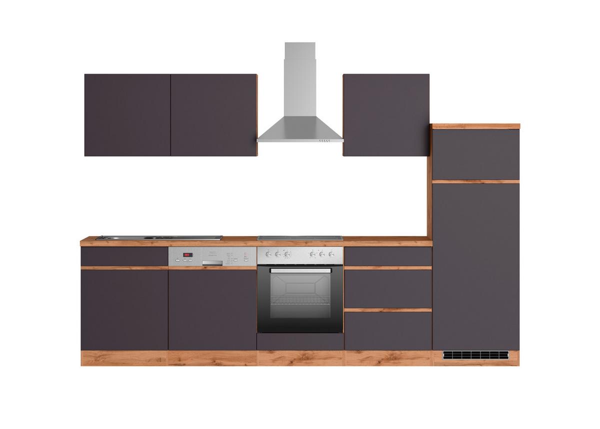 Küchenzeile Turin mit Geräten ca. 300 cm Grau/Wotaneiche - Eiche Wotan/Grau, Design, Holzwerkstoff (300cm) - Held