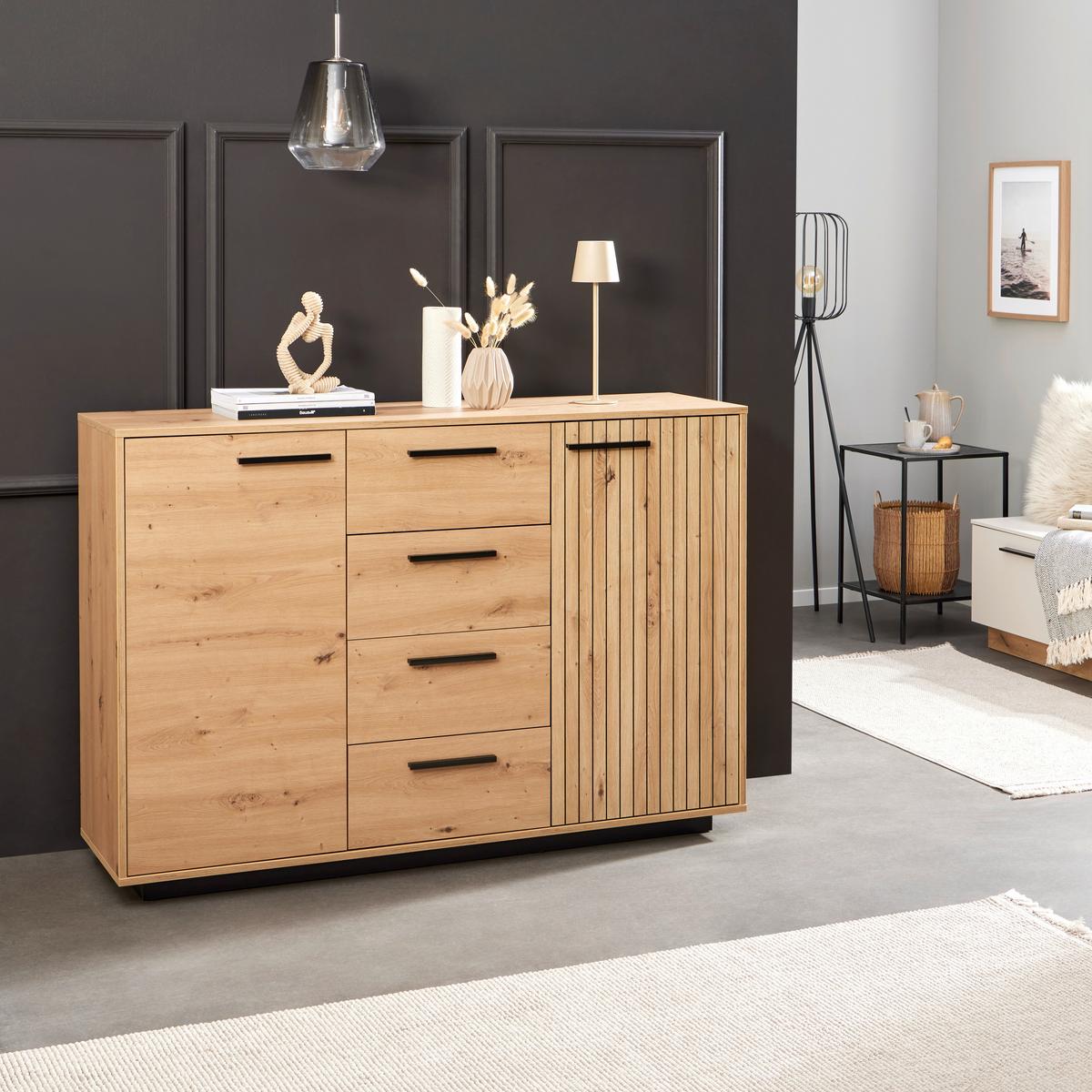 Komoda Lukas - hrast Artisan/crna, Trend, drvni materijal/plastika (133,6/95,4/40,2cm) - Modern Living