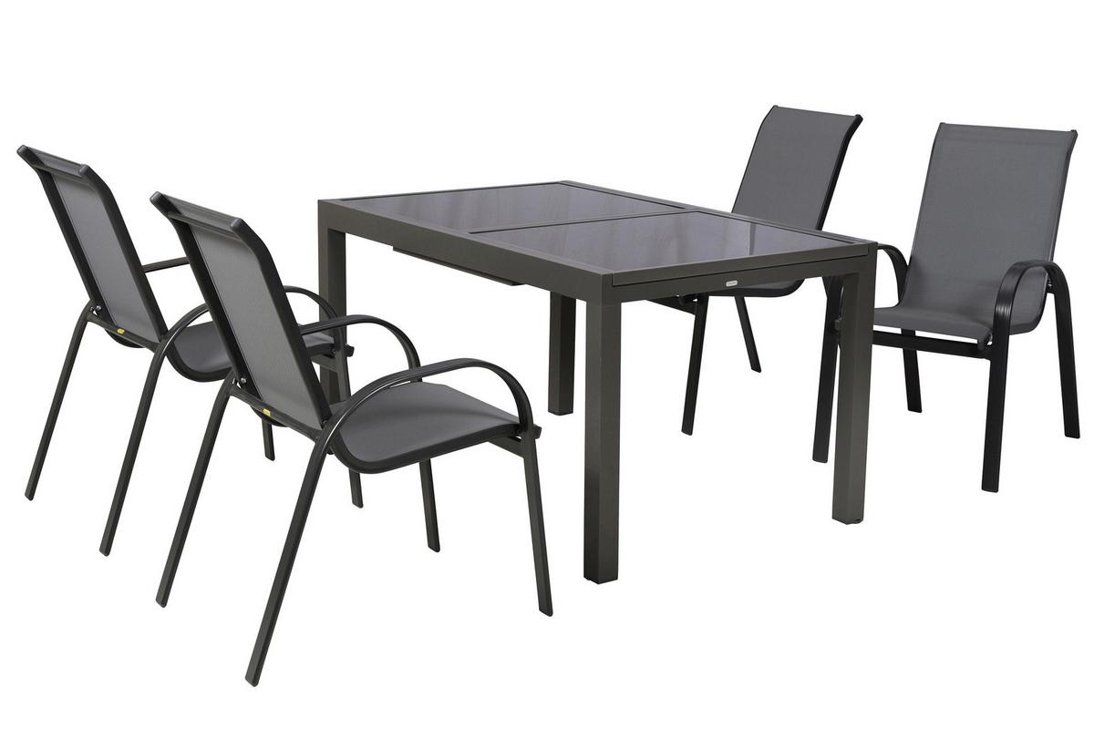 Gartentischgruppe Amalfi 5-tlg. Graphitfarben - Graphitfarben/Grau, KONVENTIONELL, Glas/Textil - Gardenson