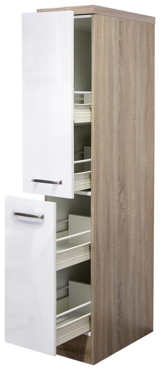 Apothekerschrank Weiß/Eiche - Edelstahlfarben/Weiß Hochglanz, MODERN, Holzwerkstoff/Metall (30/161,6/57cm) - FlexWell