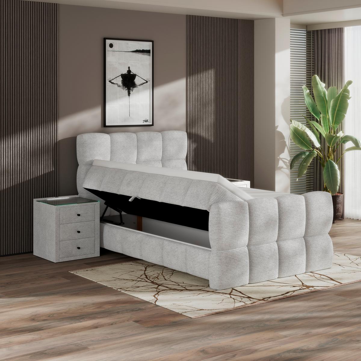 Postelja Boxspring Brisbane, Sivobela, 140x200 - črna/sivobela, Trend, kovina/umetna masa (140/200cm) - Premium Living