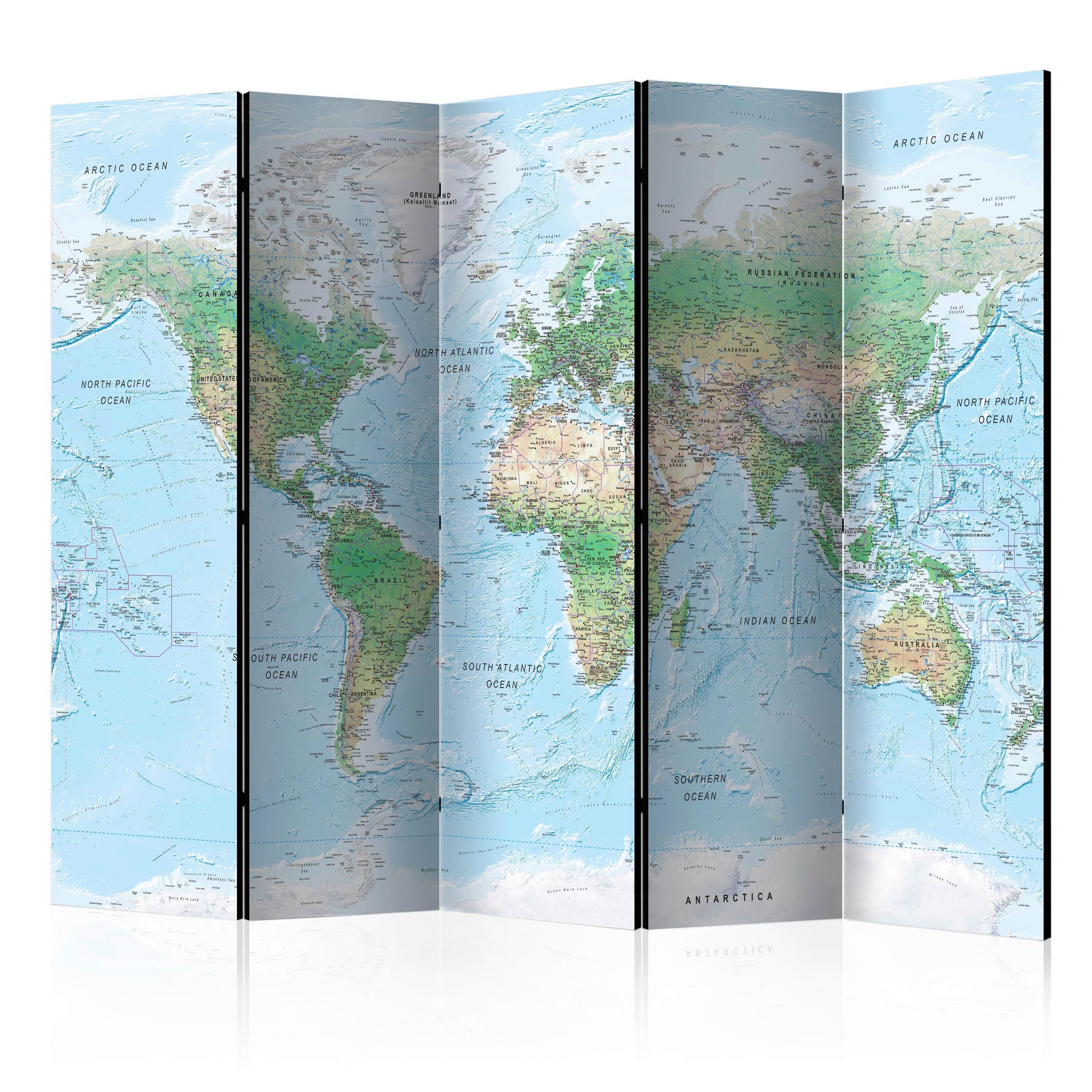 Paravan World Map, 5-Delni, Dvostranski - pastelno modra/svetlo zelena, Basics, tekstil/les (225/172/3cm) - artgeist