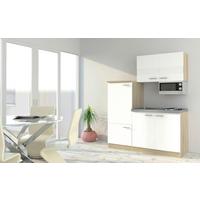 Miniküche m. Kühlschrank + Kochfeld Weiß B: ca. 160cm - Edelstahlfarben/Eichefarben, Basics, Holzwerkstoff (160cm) - Respekta