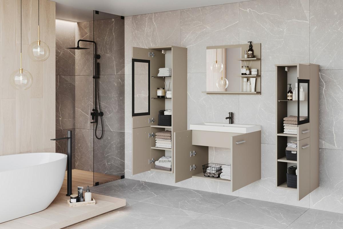 Badmöbel-Set 5-tlg. Madrit mit LED ca. 120 cm Kaschmir/Beige - Kaschmir/Beige, LIFESTYLE, Glas/Keramik (120,4/131,5/34,5cm) - P & B