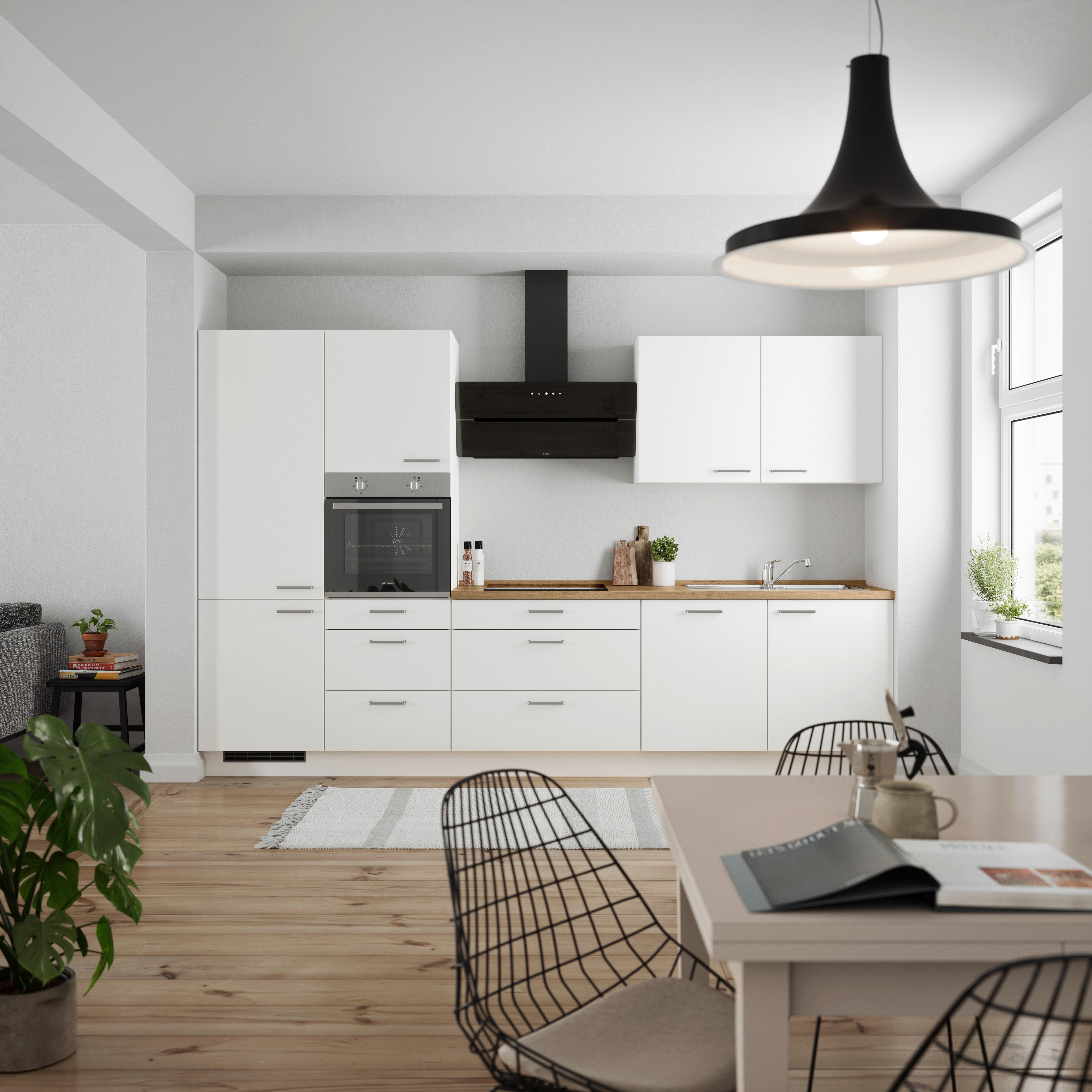 Küchenblock Touch High m. Geräten Weiß - Edelstahlfarben/Eichefarben, MODERN, Holzwerkstoff/Metall (330cm) - Nobilia