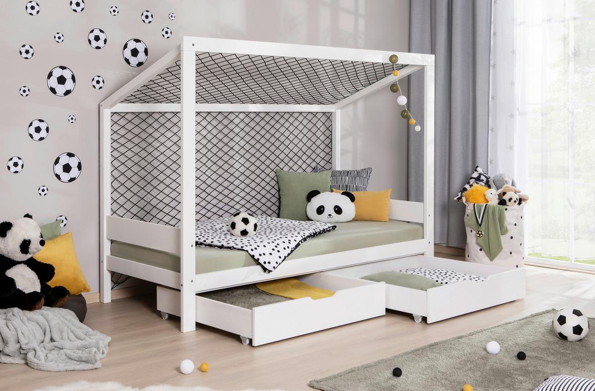 Stauraumbett Holz Fußball ca. 97x213 cm Weiß - Naturfarben/Weiß, MODERN, Holz/Textil (90/200cm) - MID.YOU