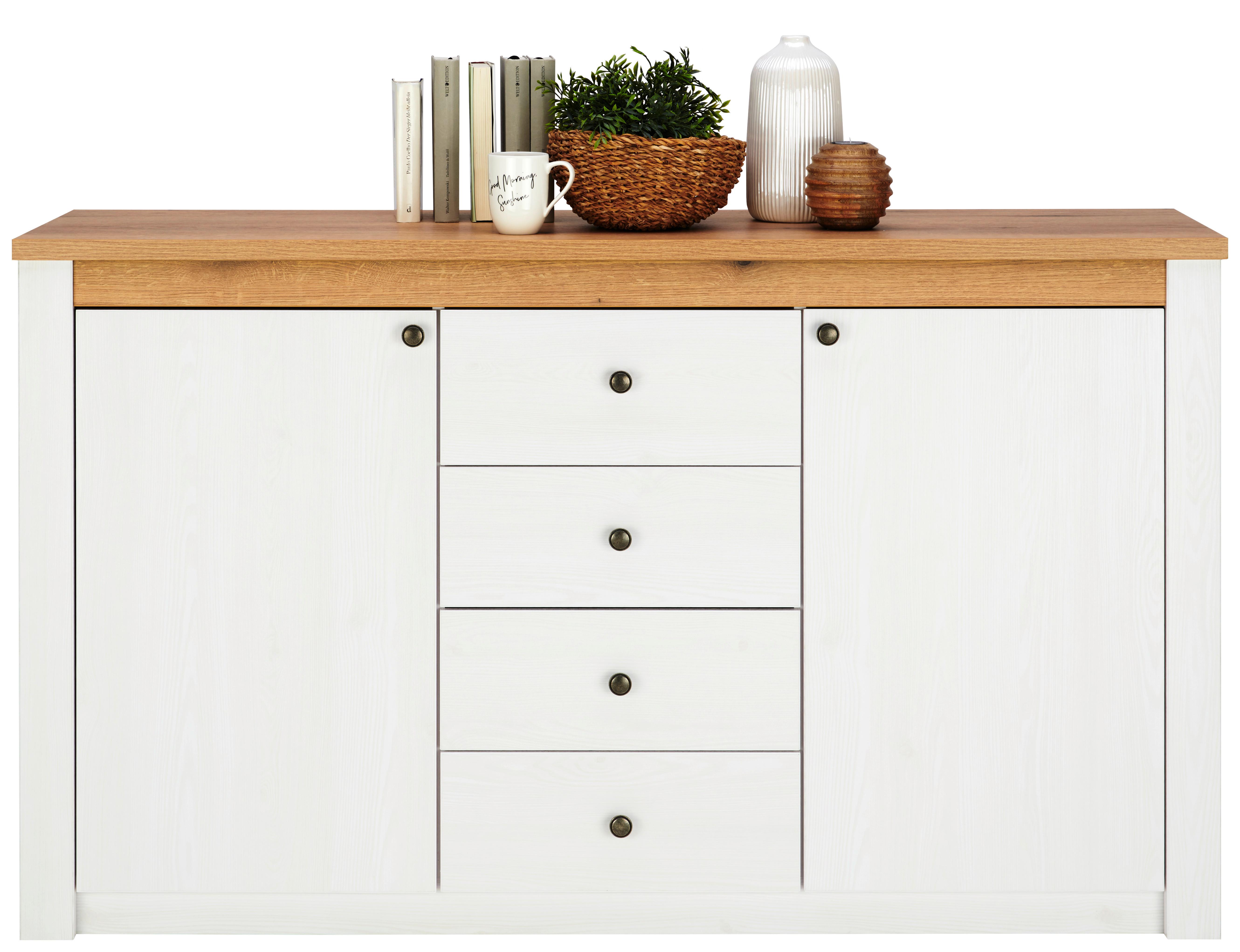 Komoda Rovigio, Barva Macesna, Bela - črna/barve hrasta, Basics, kovina/umetna masa (155/90,5/42,5cm) - Landscape